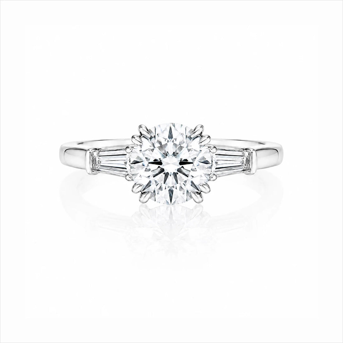 Round Lab-Grown Diamond Three-Stone Ring with Tapered Baguette Side Stones - White Gold
