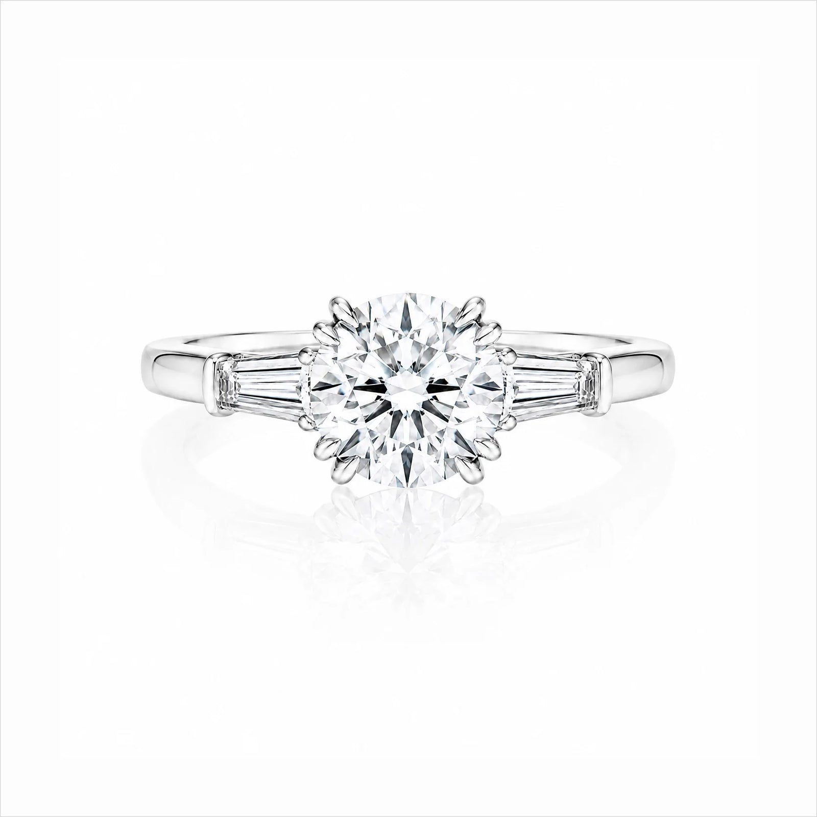 Round Lab-Grown Diamond Three-Stone Ring with Tapered Baguette Side Stones - White
