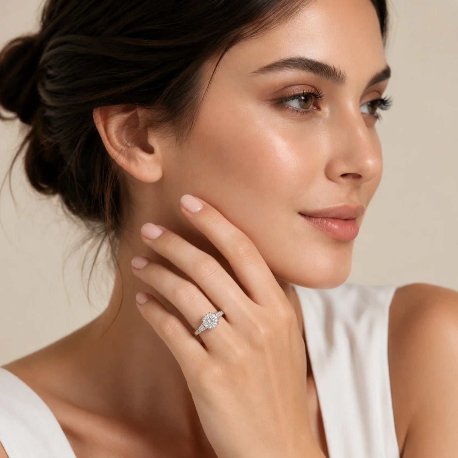 Round Lab-Grown Diamond Three-Stone Ring with Tapered Baguette Side Stones - White
