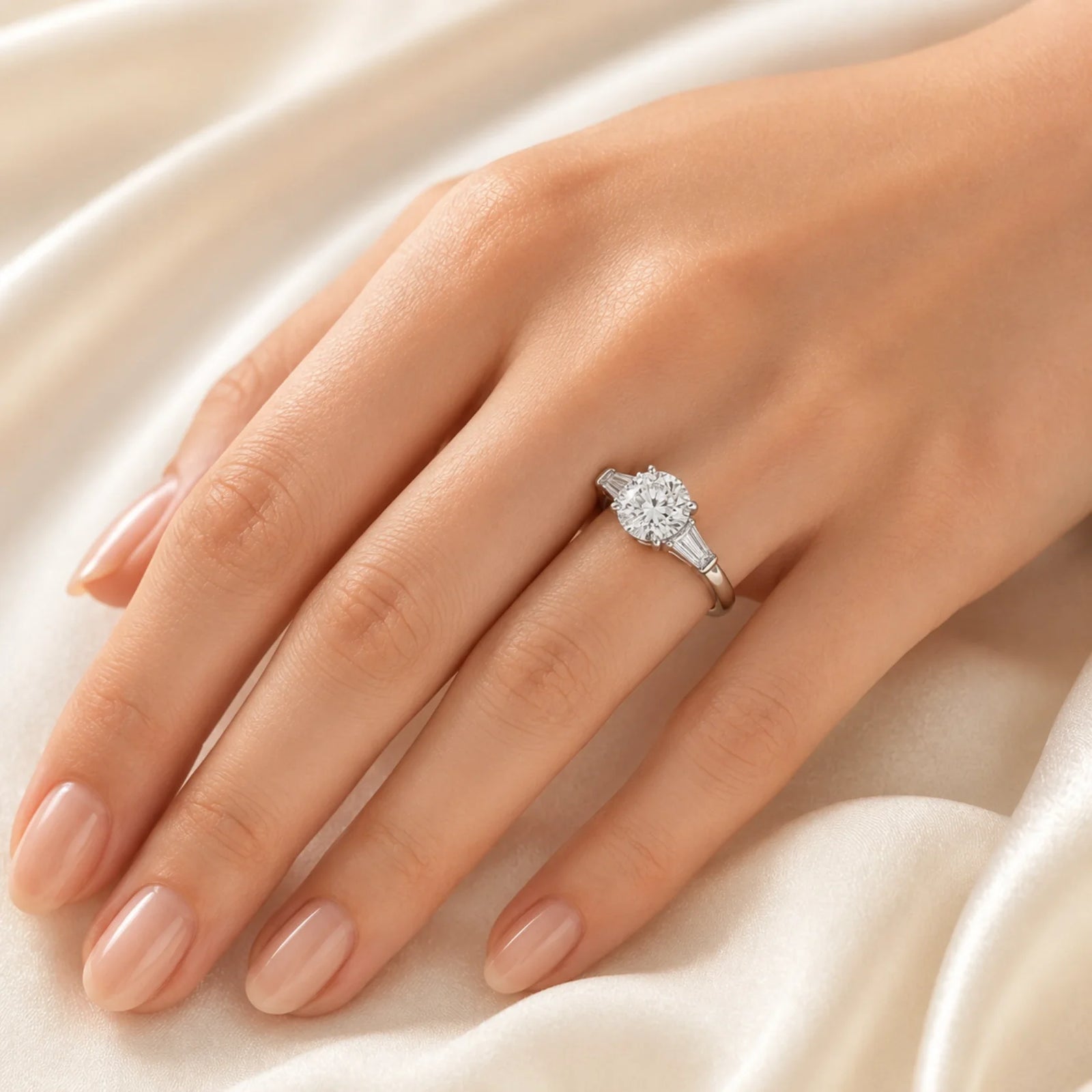 Round Lab-Grown Diamond Three-Stone Ring with Tapered Baguette Side Stones - White