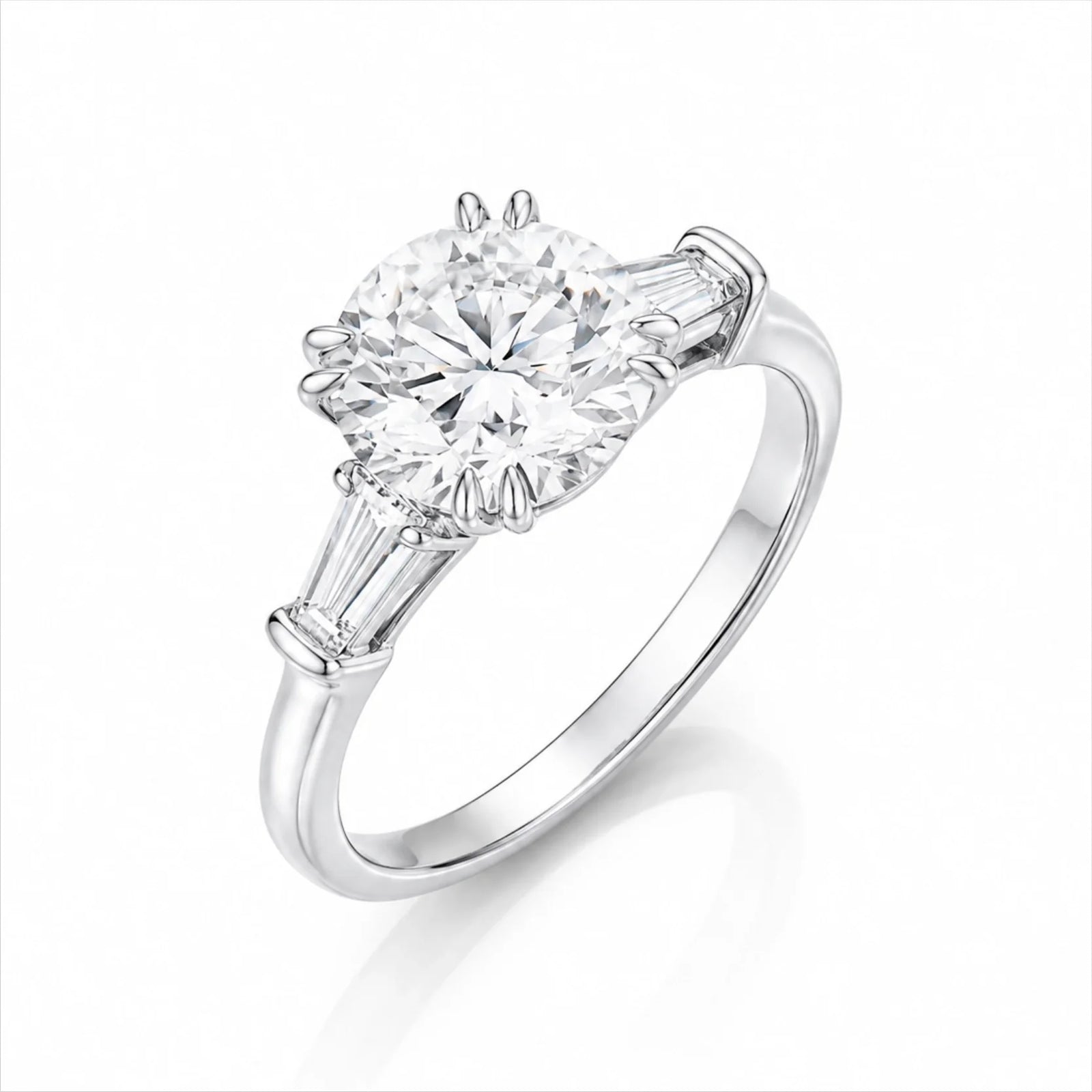 Round Lab-Grown Diamond Three-Stone Ring with Tapered Baguette Side Stones - White