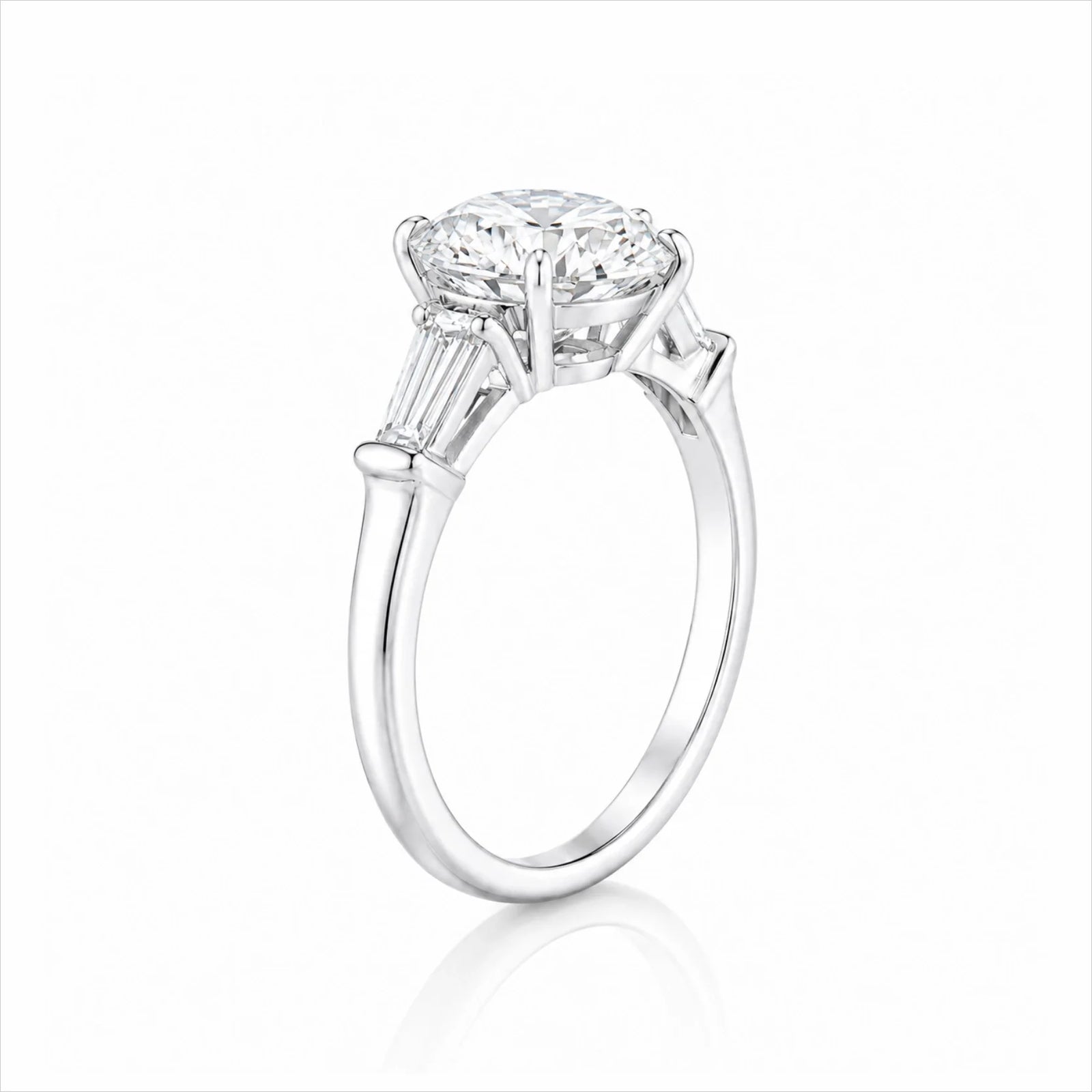Round Lab-Grown Diamond Three-Stone Ring with Tapered Baguette Side Stones - White