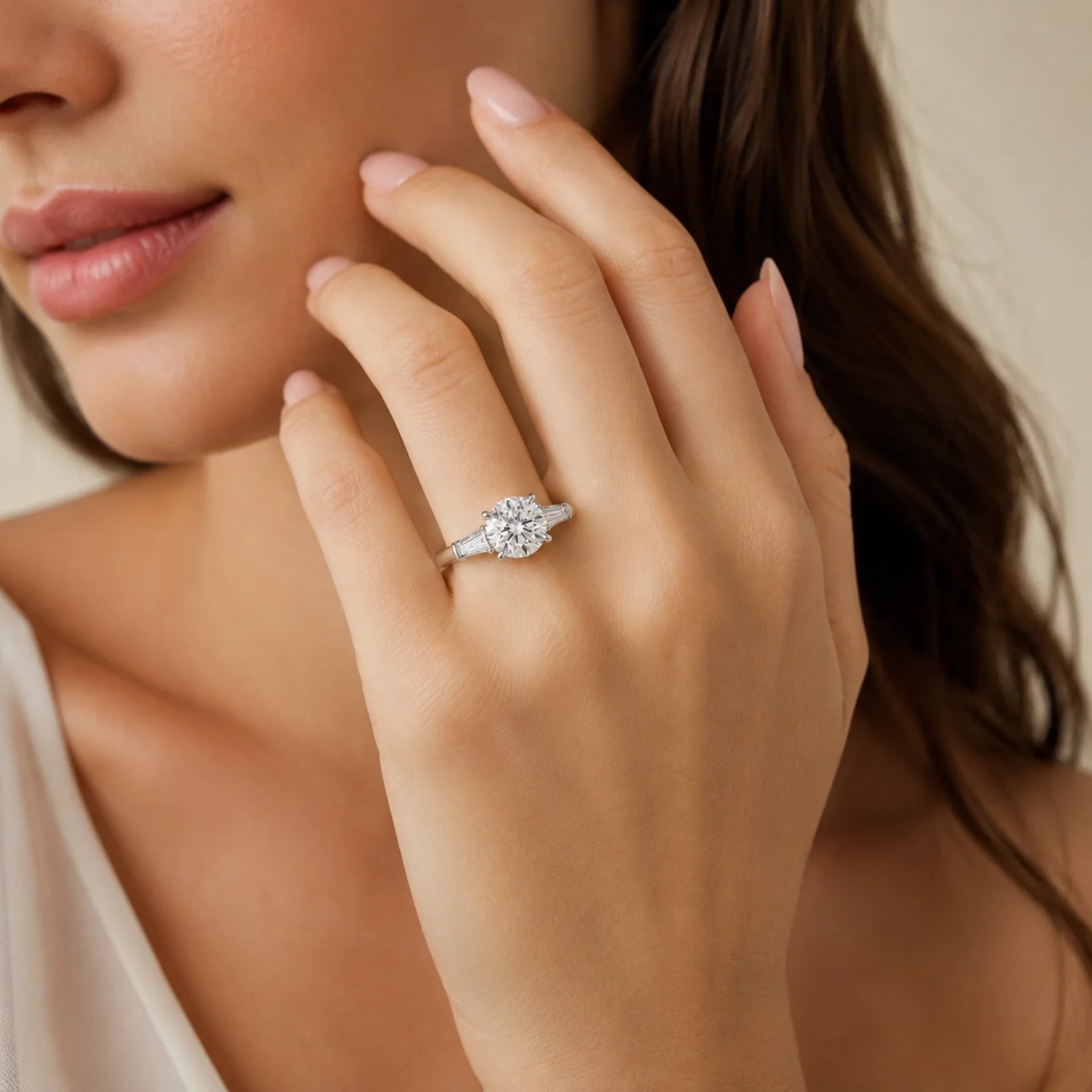 Round Lab-Grown Diamond Three-Stone Ring with Tapered Baguette Side Stones - White