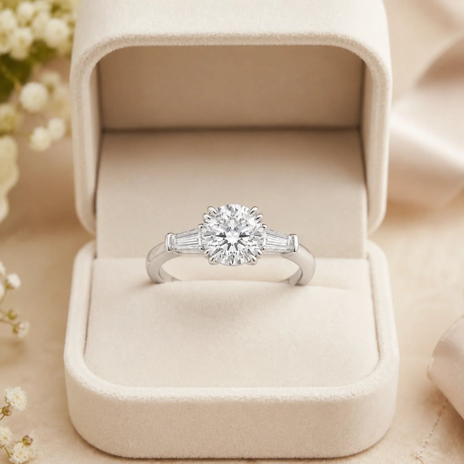 Round Lab-Grown Diamond Three-Stone Ring with Tapered Baguette Side Stones - White