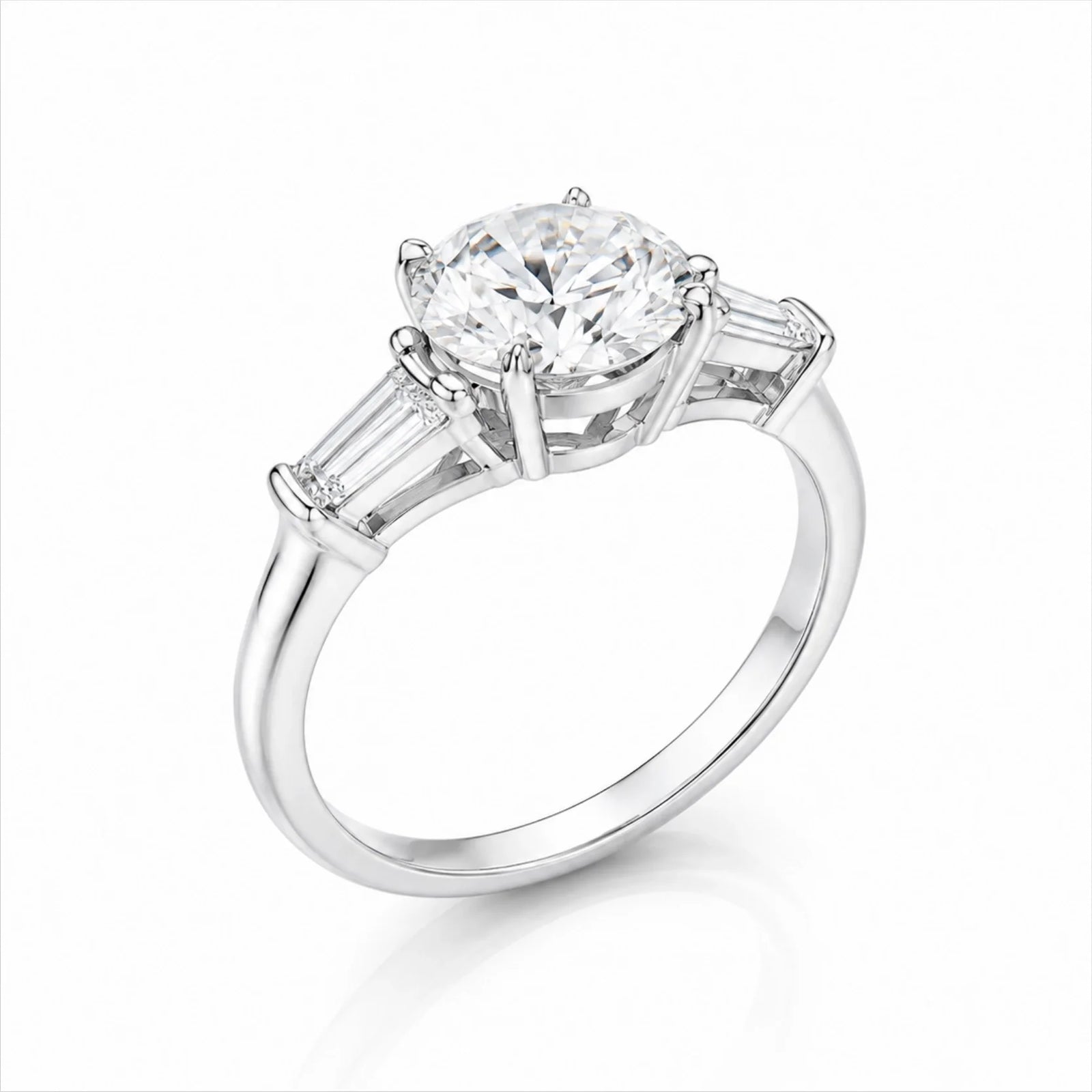Round Lab-Grown Diamond Three-Stone Ring with Tapered Baguette Side Stones - White