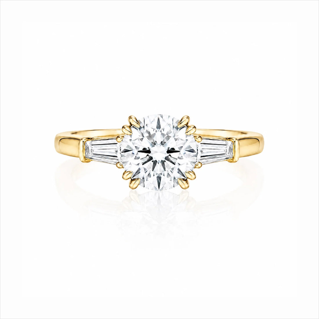 Round Lab-Grown Diamond Three-Stone Ring with Tapered Baguette Side Stones - Yellow Gold