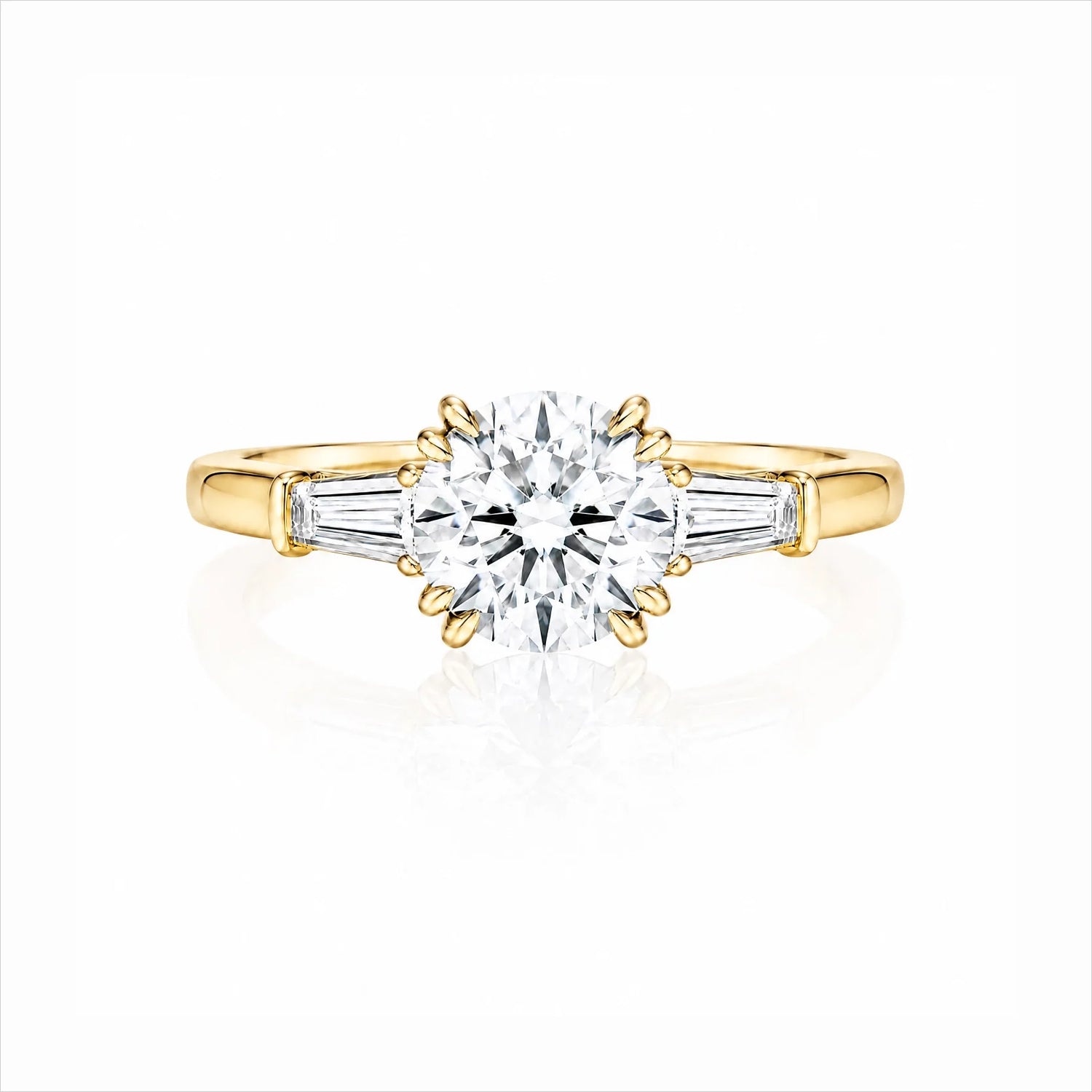 Round Lab-Grown Diamond Three-Stone Ring with Tapered Baguette Side Stones - Yellow