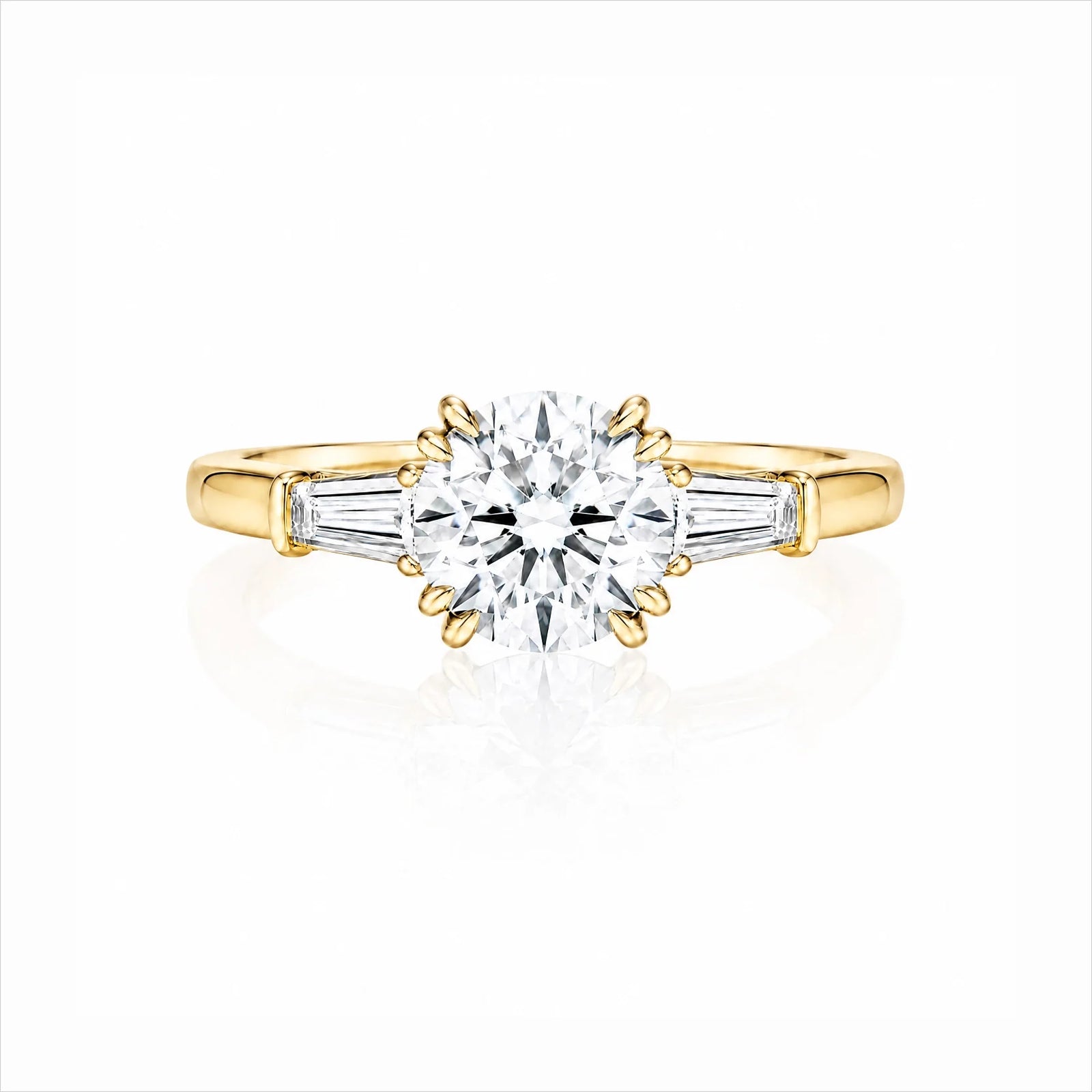Round Lab-Grown Diamond Three-Stone Ring with Tapered Baguette Side Stones - Yellow
