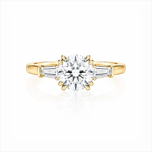 Round Lab-Grown Diamond Three-Stone Ring with Tapered Baguette Side Stones - Yellow