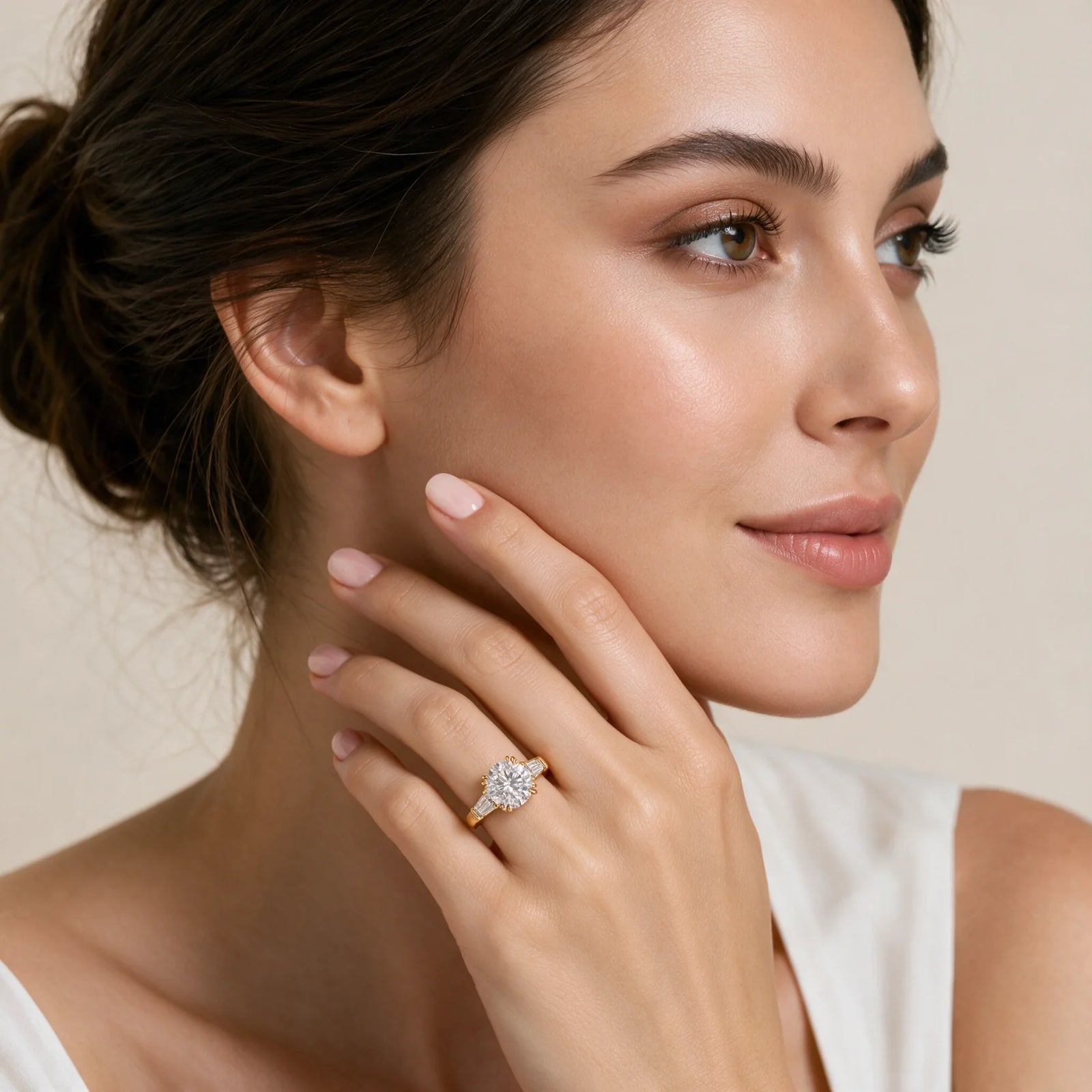 Round Lab-Grown Diamond Three-Stone Ring with Tapered Baguette Side Stones - Yellow