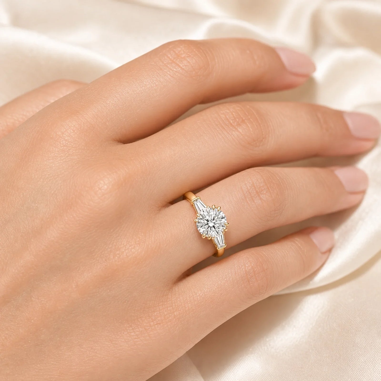 Round Lab-Grown Diamond Three-Stone Ring with Tapered Baguette Side Stones - Yellow