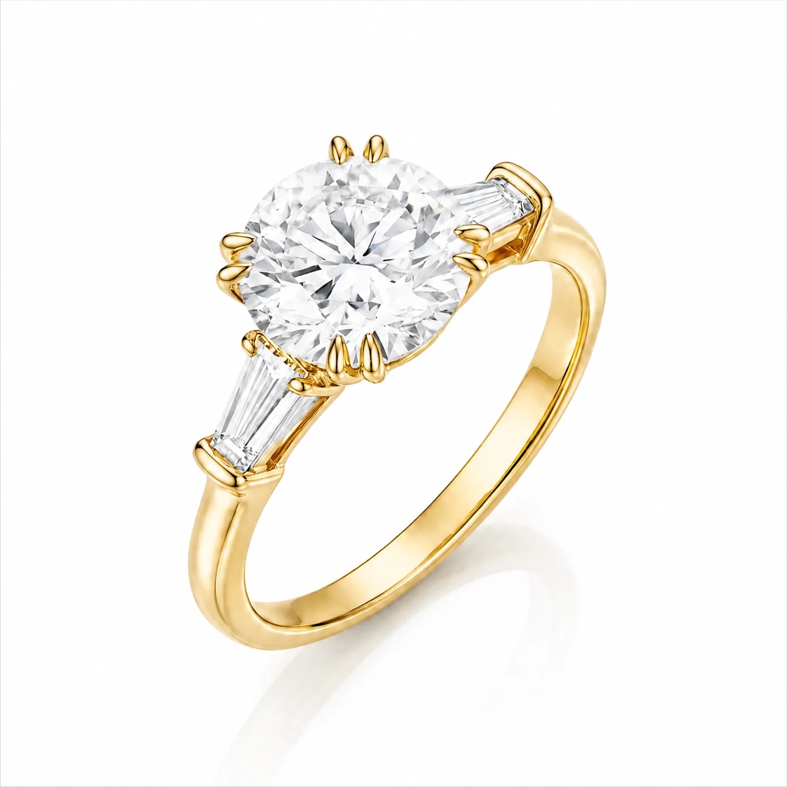 Round Lab-Grown Diamond Three-Stone Ring with Tapered Baguette Side Stones - Yellow