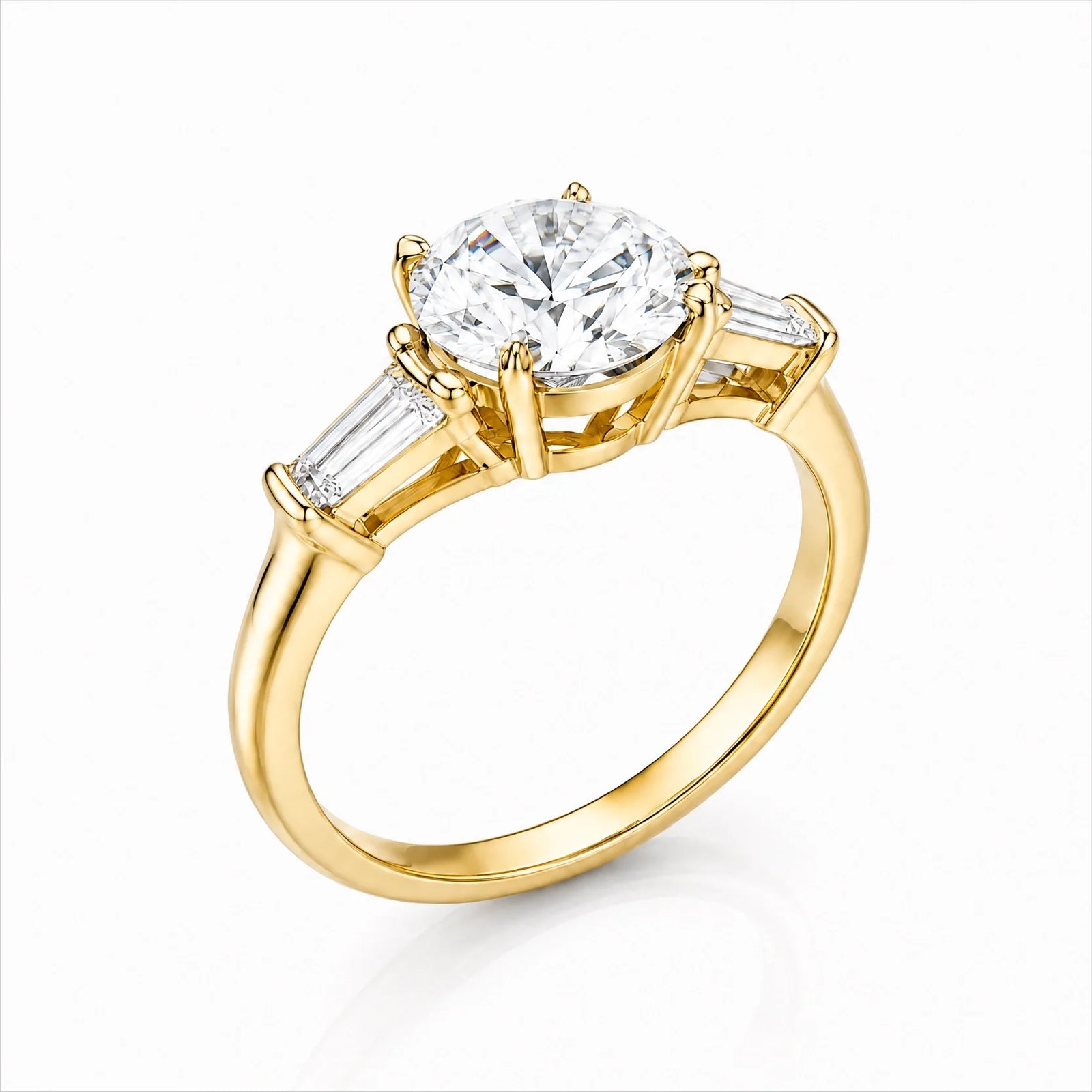 Round Lab-Grown Diamond Three-Stone Ring with Tapered Baguette Side Stones - Yellow