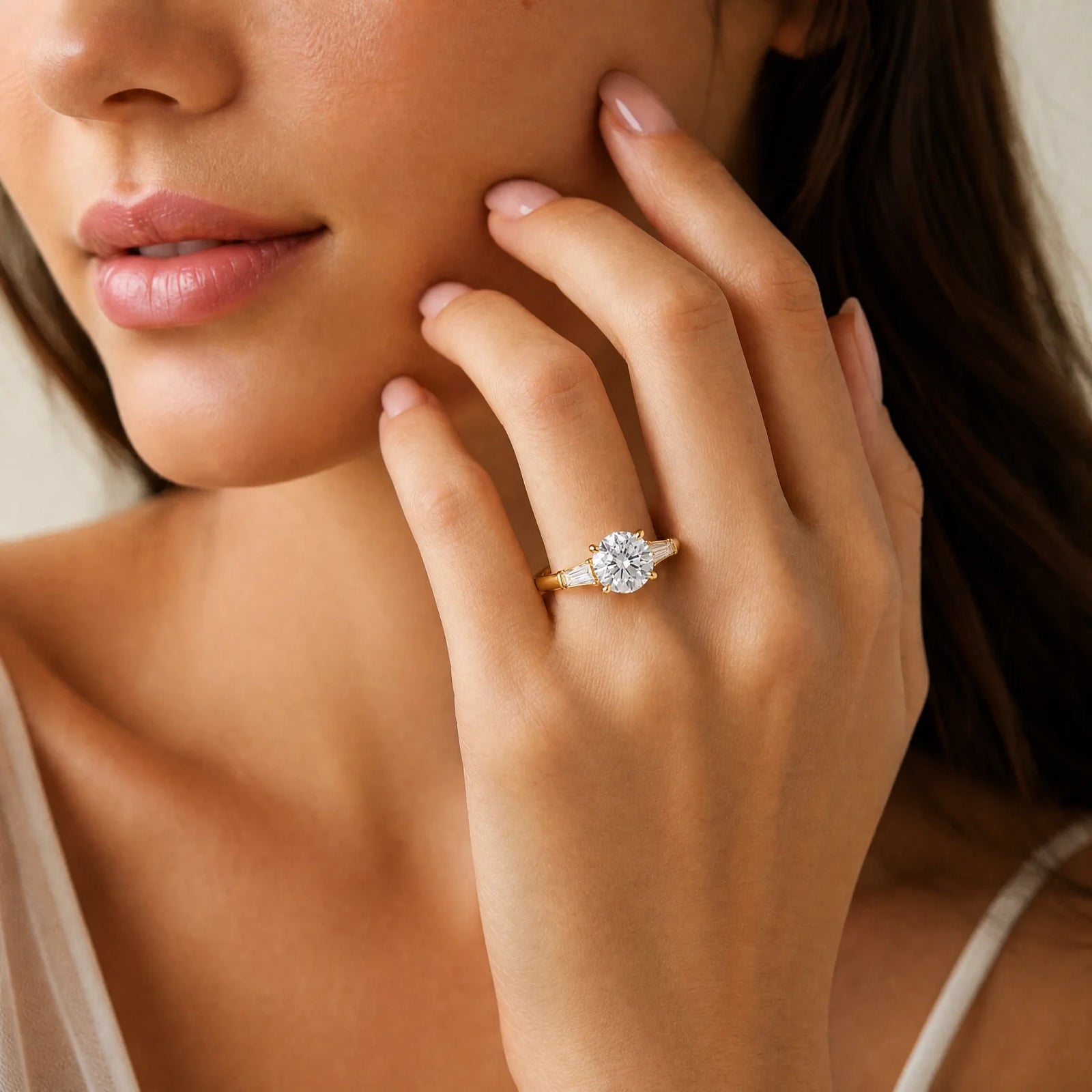 Round Lab-Grown Diamond Three-Stone Ring with Tapered Baguette Side Stones - Yellow