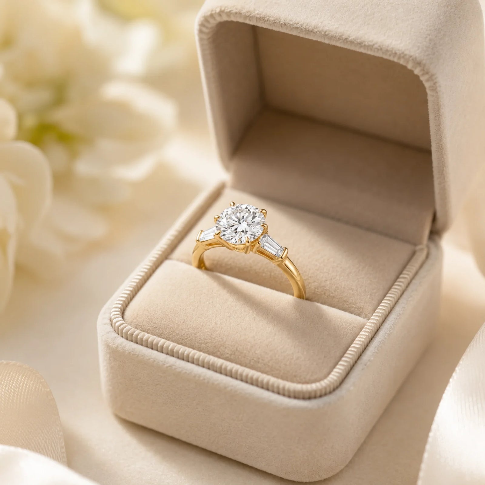 Round Lab-Grown Diamond Three-Stone Ring with Tapered Baguette Side Stones - Yellow