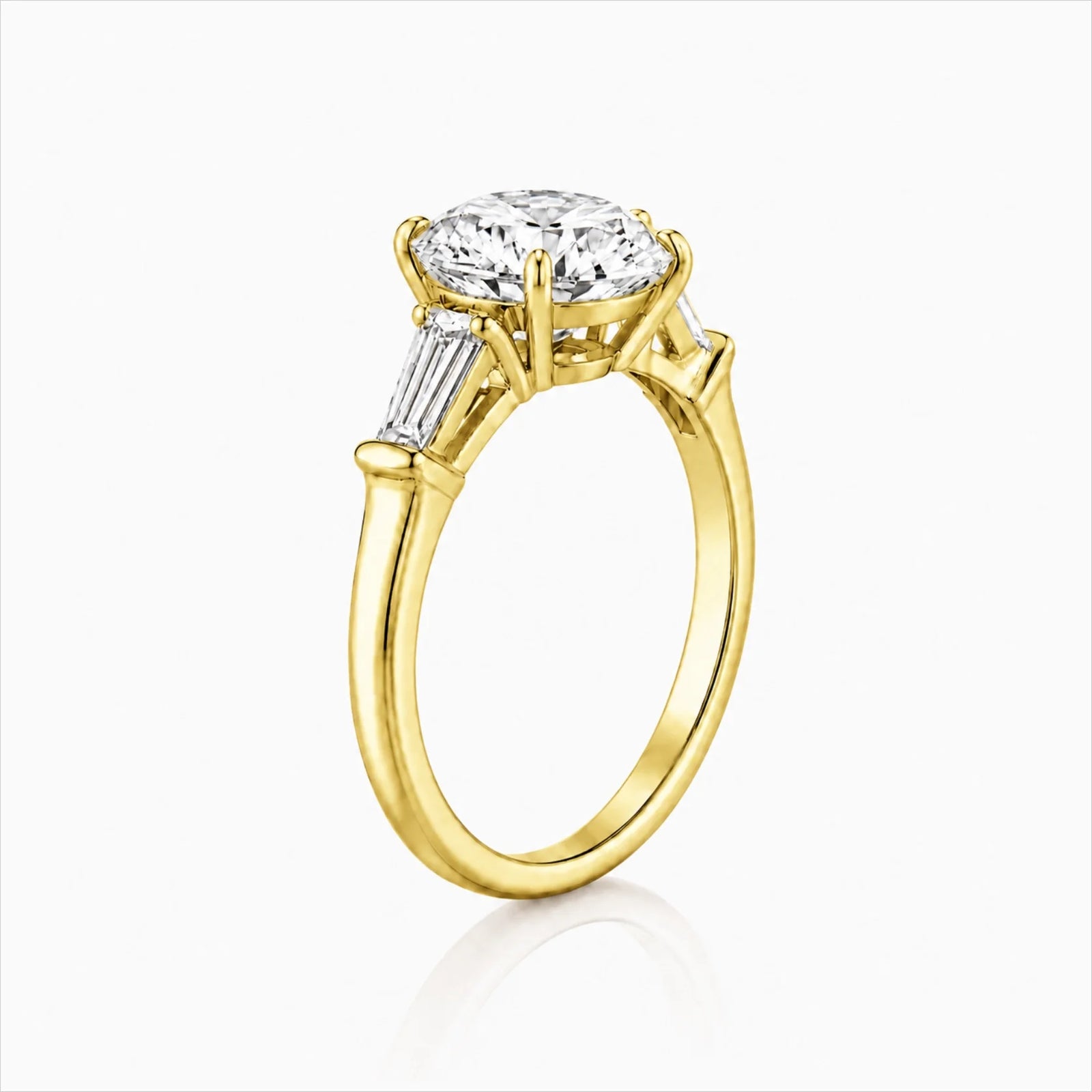 Round Lab-Grown Diamond Three-Stone Ring with Tapered Baguette Side Stones - Yellow