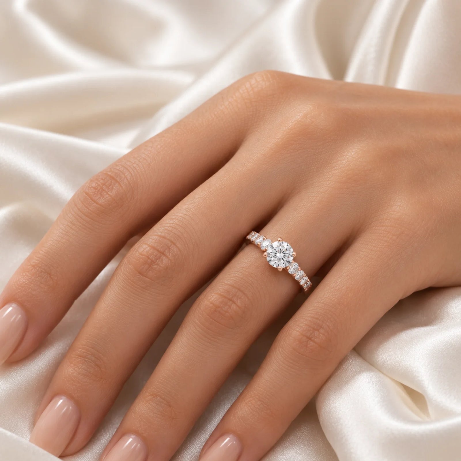 Round Lab-Grown Diamond Side-Stone Engagement Ring with Graduated Diamond Band - Rose