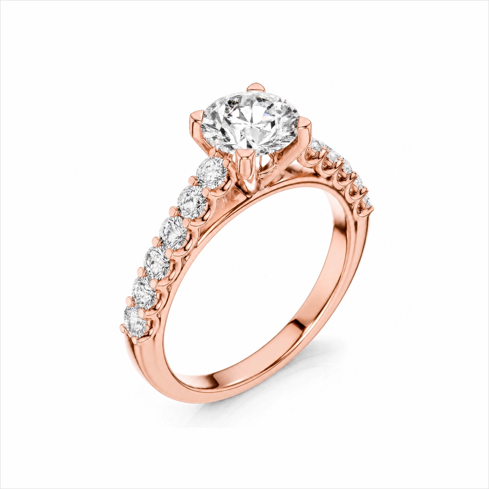Round Lab-Grown Diamond Side-Stone Engagement Ring with Graduated Diamond Band - Rose Gold
