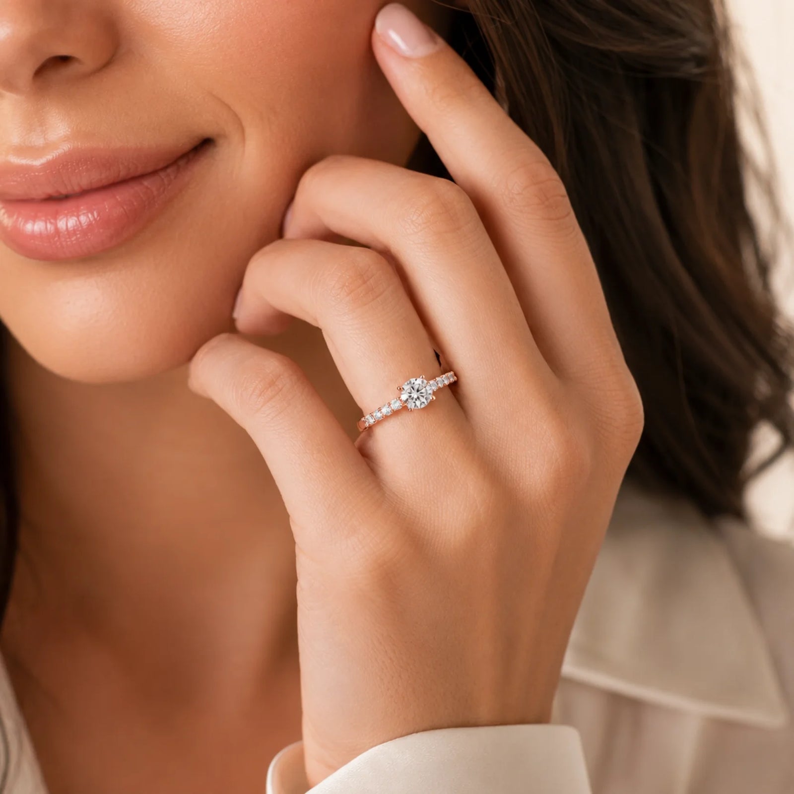 Round Lab-Grown Diamond Side-Stone Engagement Ring with Graduated Diamond Band - Rose
