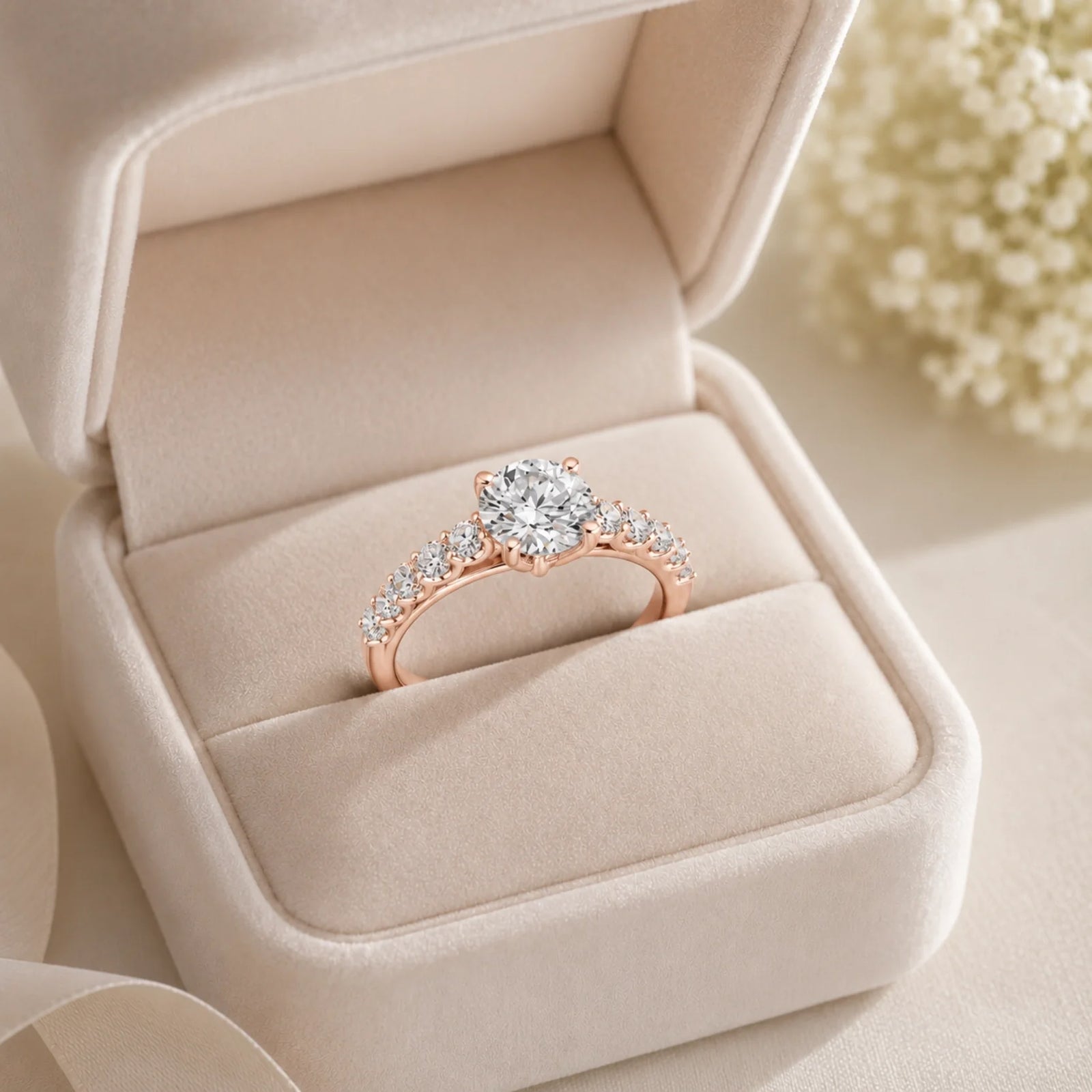 Round Lab-Grown Diamond Side-Stone Engagement Ring with Graduated Diamond Band - Rose