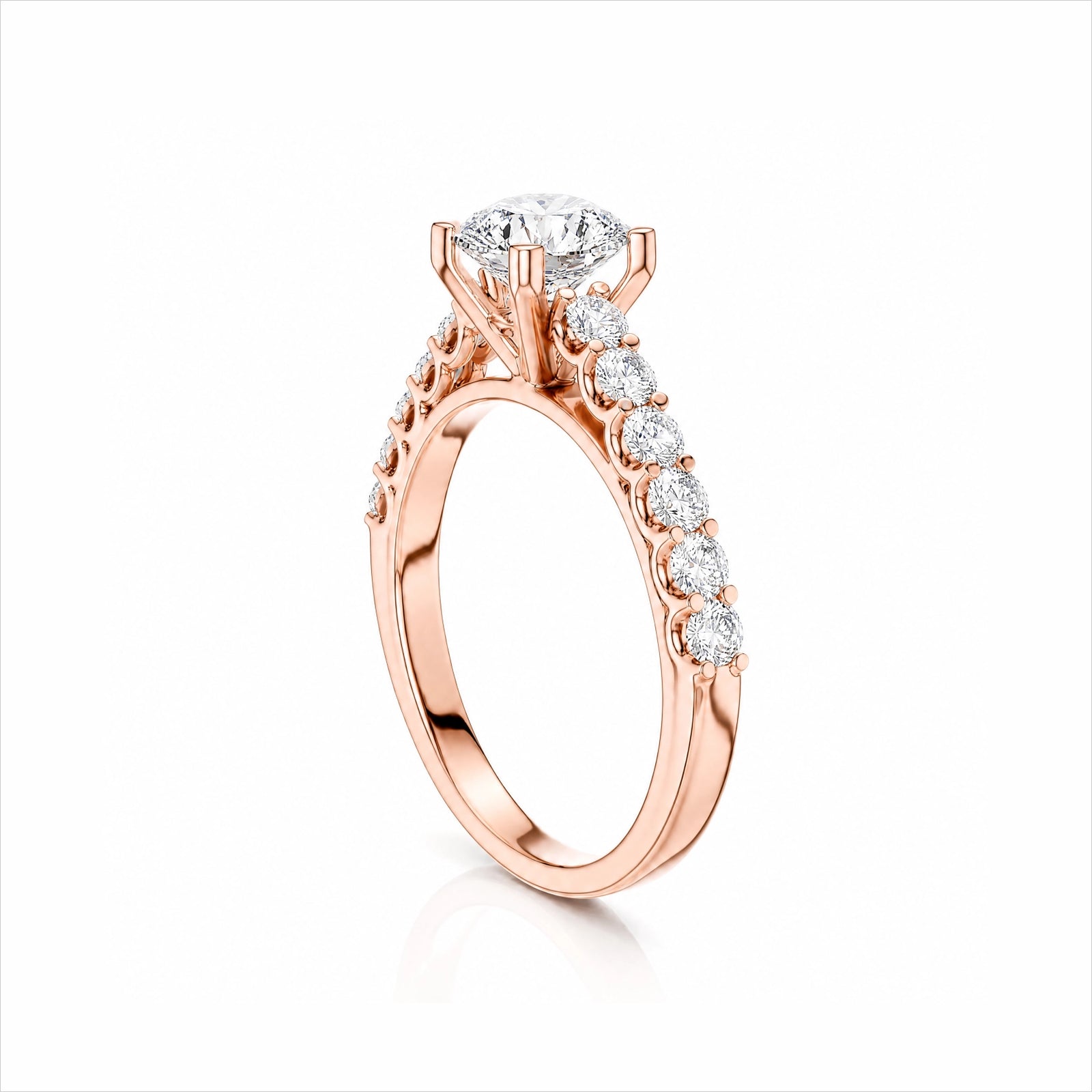 Round Lab-Grown Diamond Side-Stone Engagement Ring with Graduated Diamond Band - Rose Gold