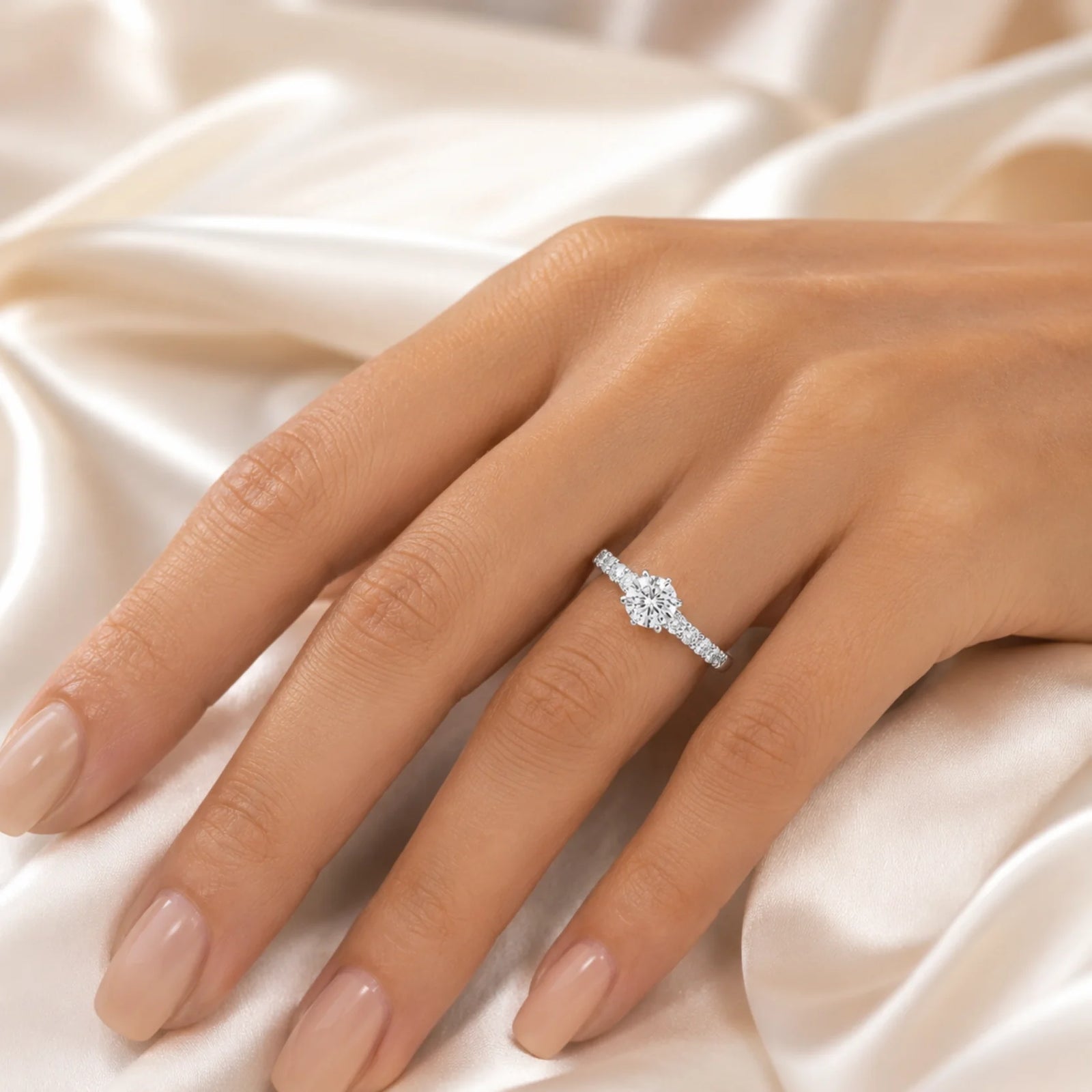 Round Lab-Grown Diamond Side-Stone Engagement Ring with Graduated Diamond Band - White