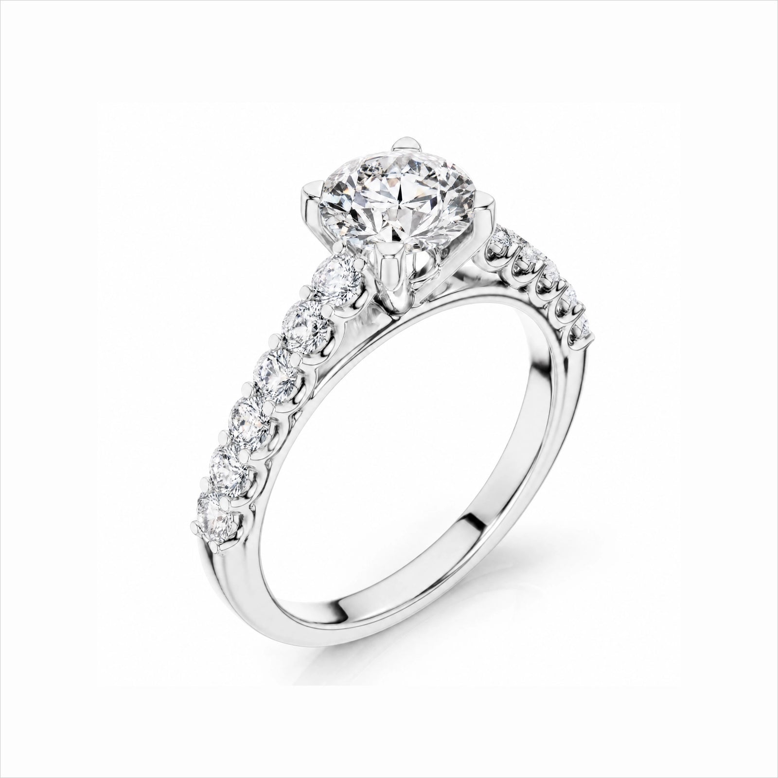 Round Lab-Grown Diamond Side-Stone Engagement Ring with Graduated Diamond Band - White Gold