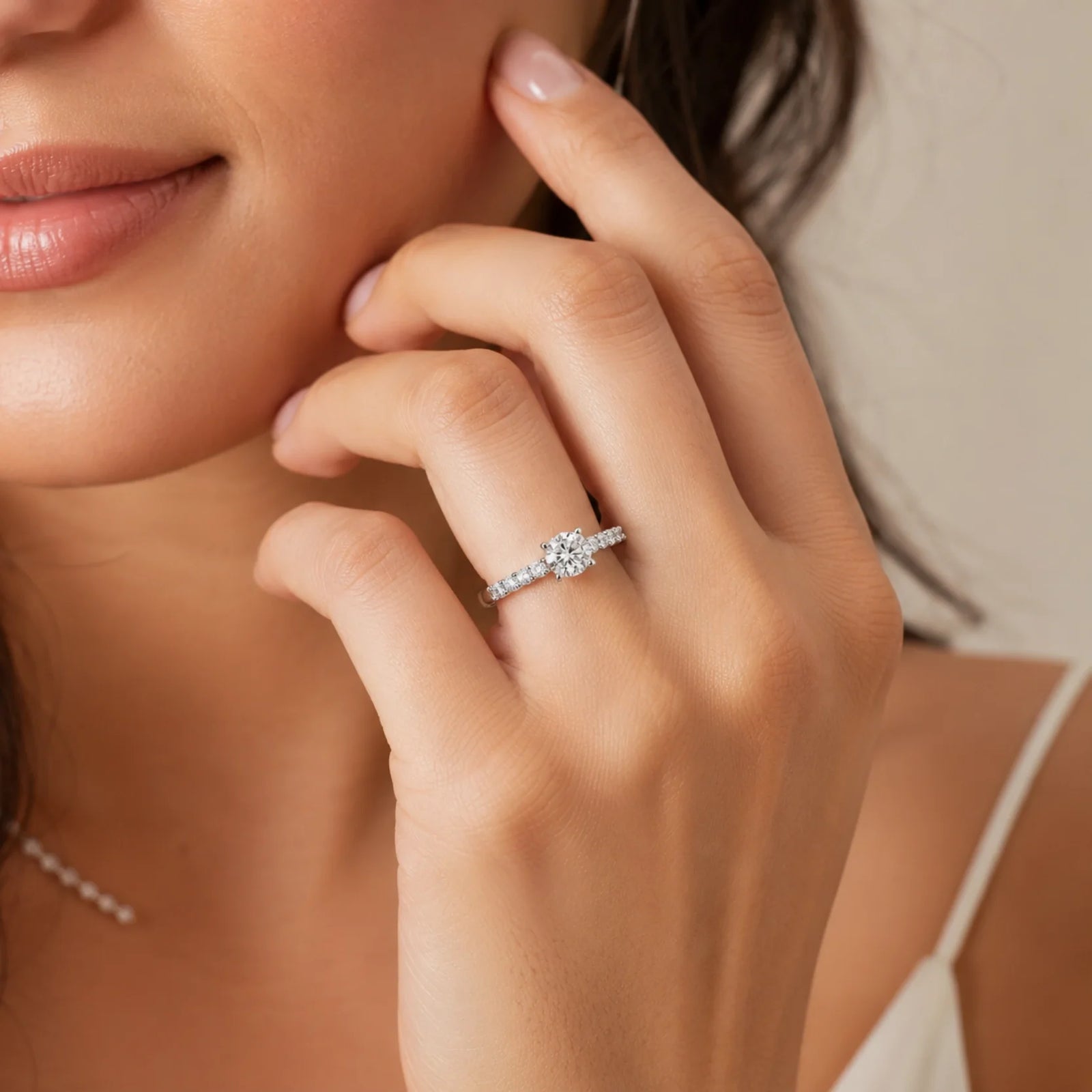 Round Lab-Grown Diamond Side-Stone Engagement Ring with Graduated Diamond Band - White