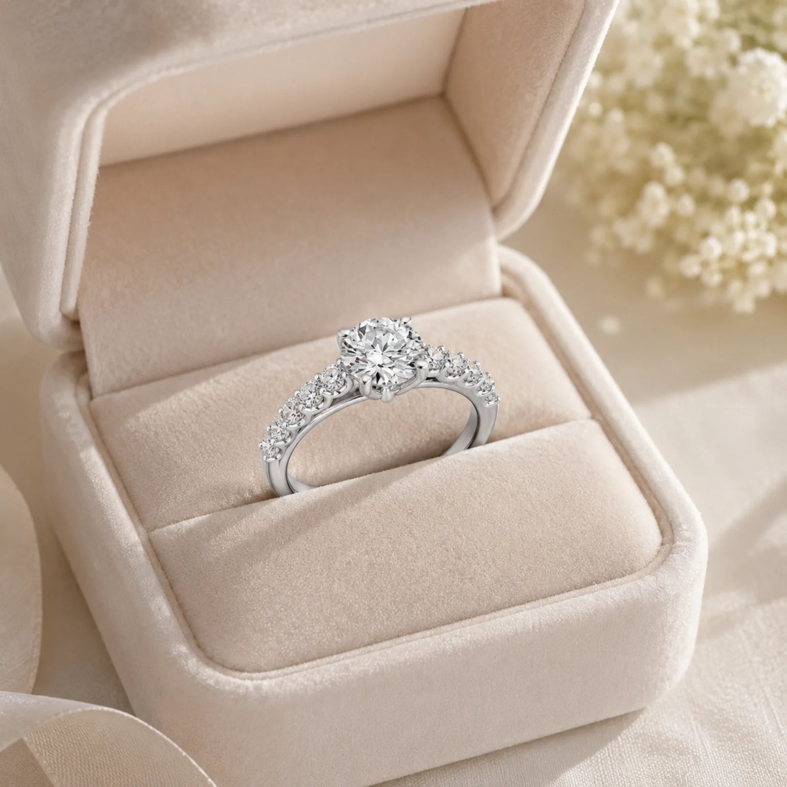 Round Lab-Grown Diamond Side-Stone Engagement Ring with Graduated Diamond Band - White