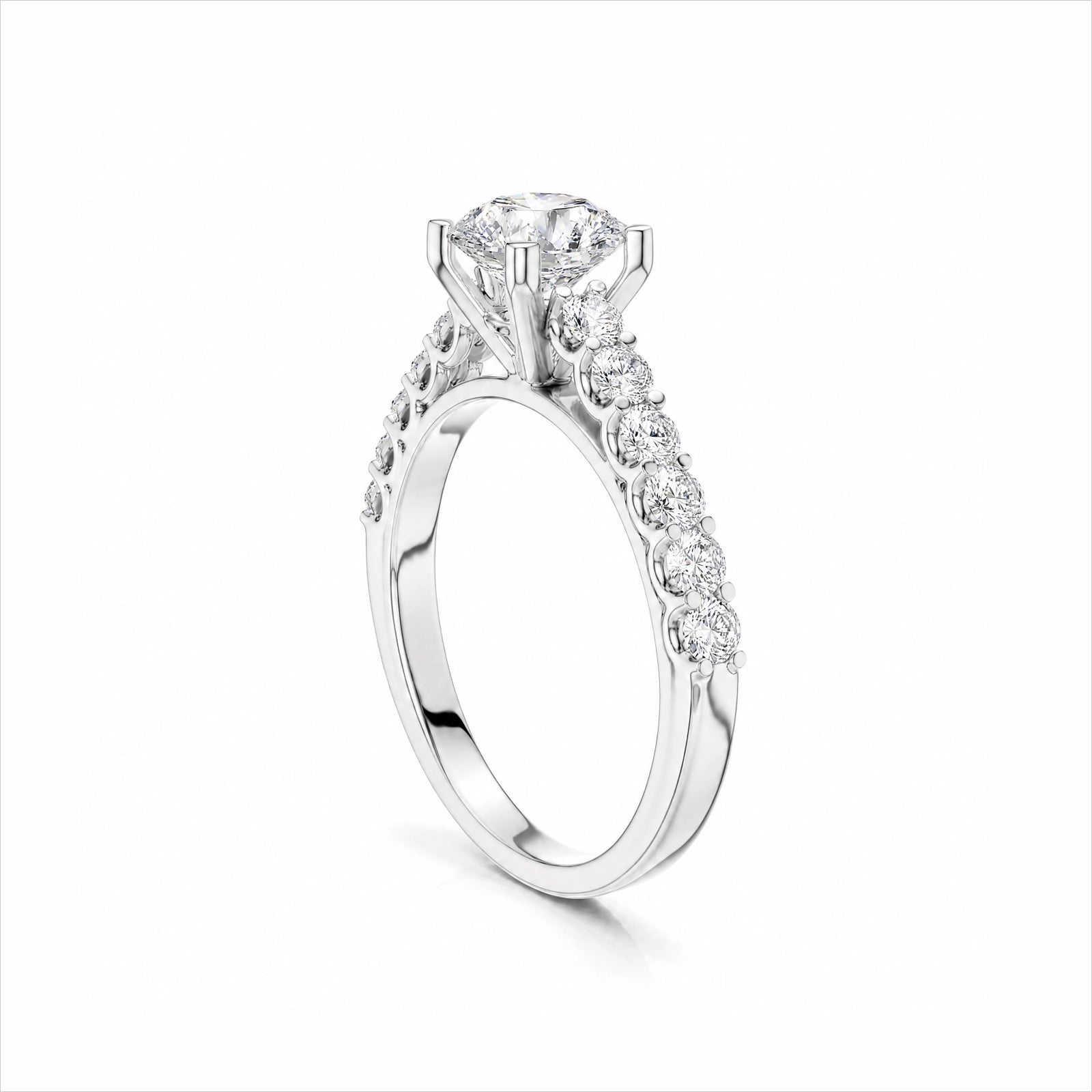 Round Lab-Grown Diamond Side-Stone Engagement Ring with Graduated Diamond Band - White Gold