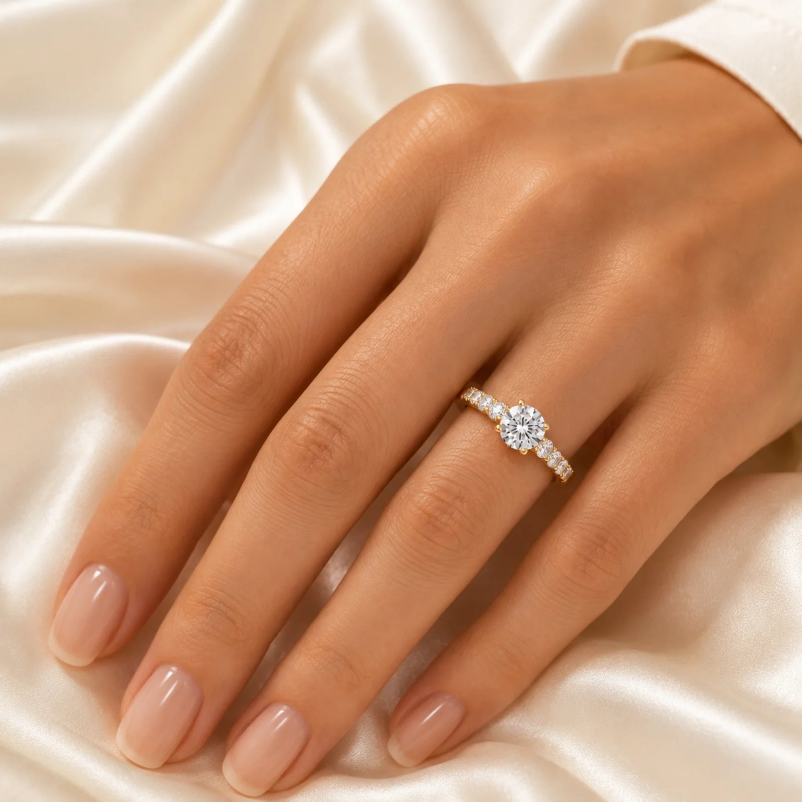 Round Lab-Grown Diamond Side-Stone Engagement Ring with Graduated Diamond Band - Yellow