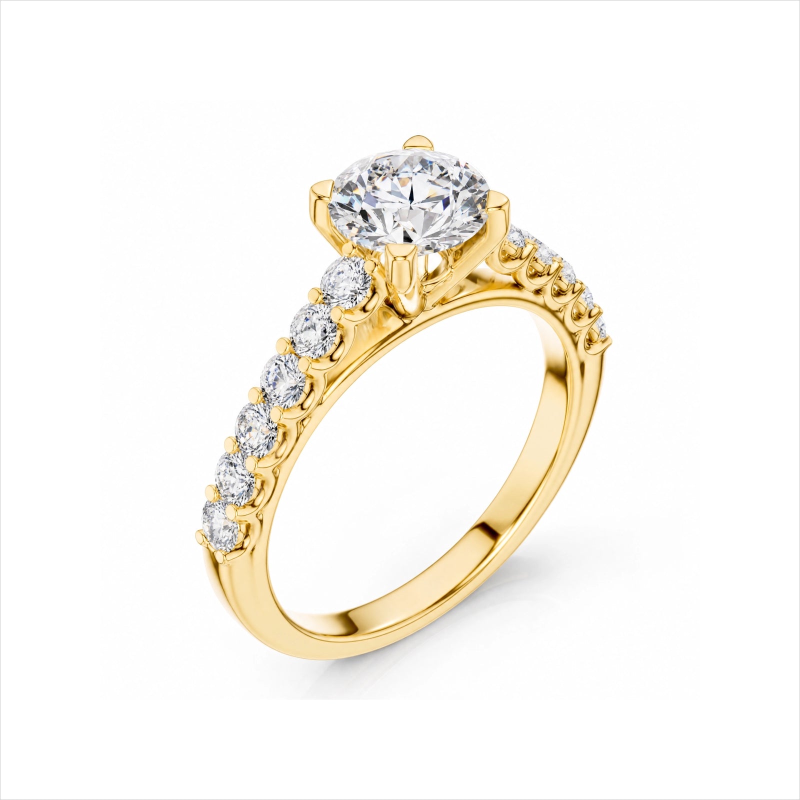 Round Lab-Grown Diamond Side-Stone Engagement Ring with Graduated Diamond Band - Yellow Gold