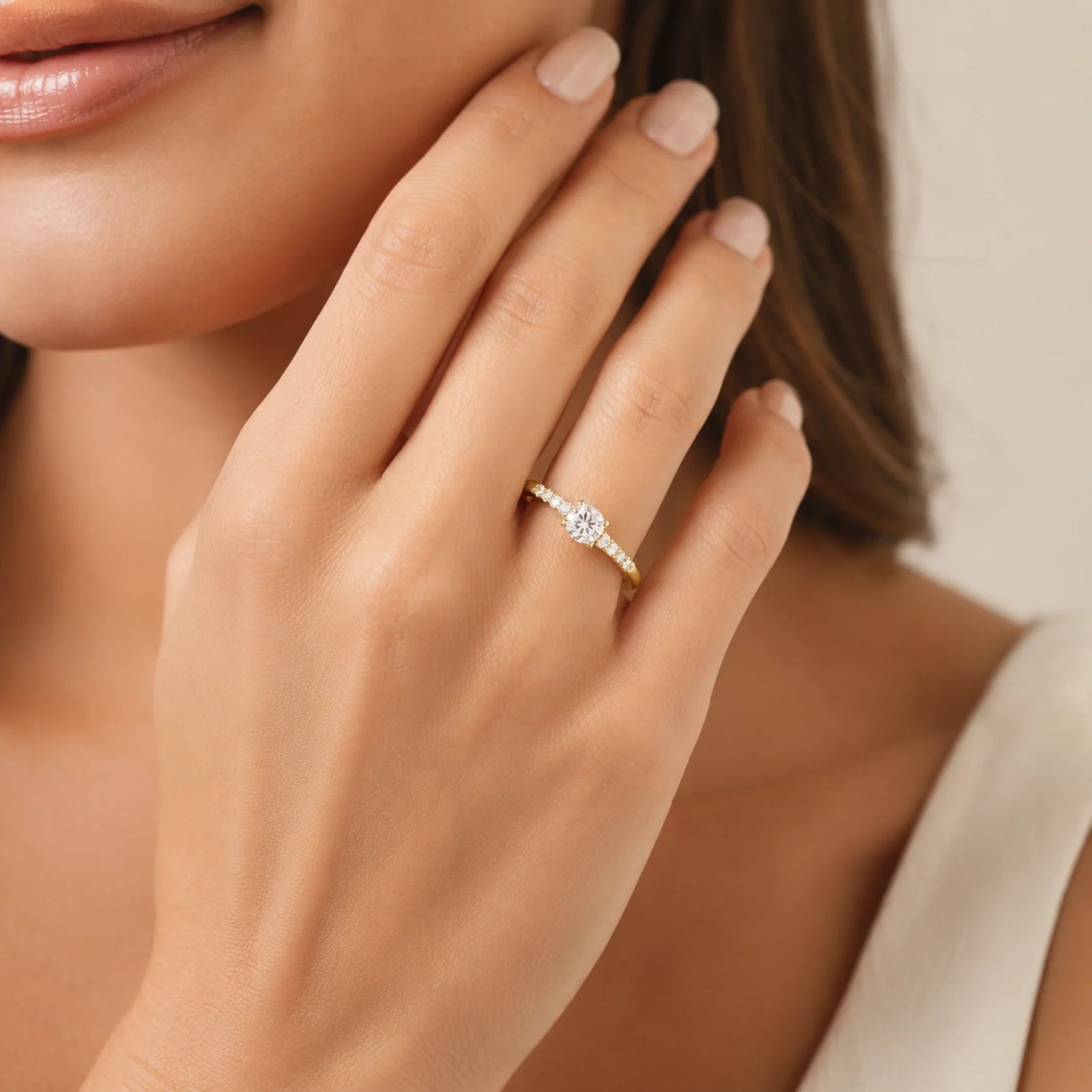 Round Lab-Grown Diamond Side-Stone Engagement Ring with Graduated Diamond Band - Yellow