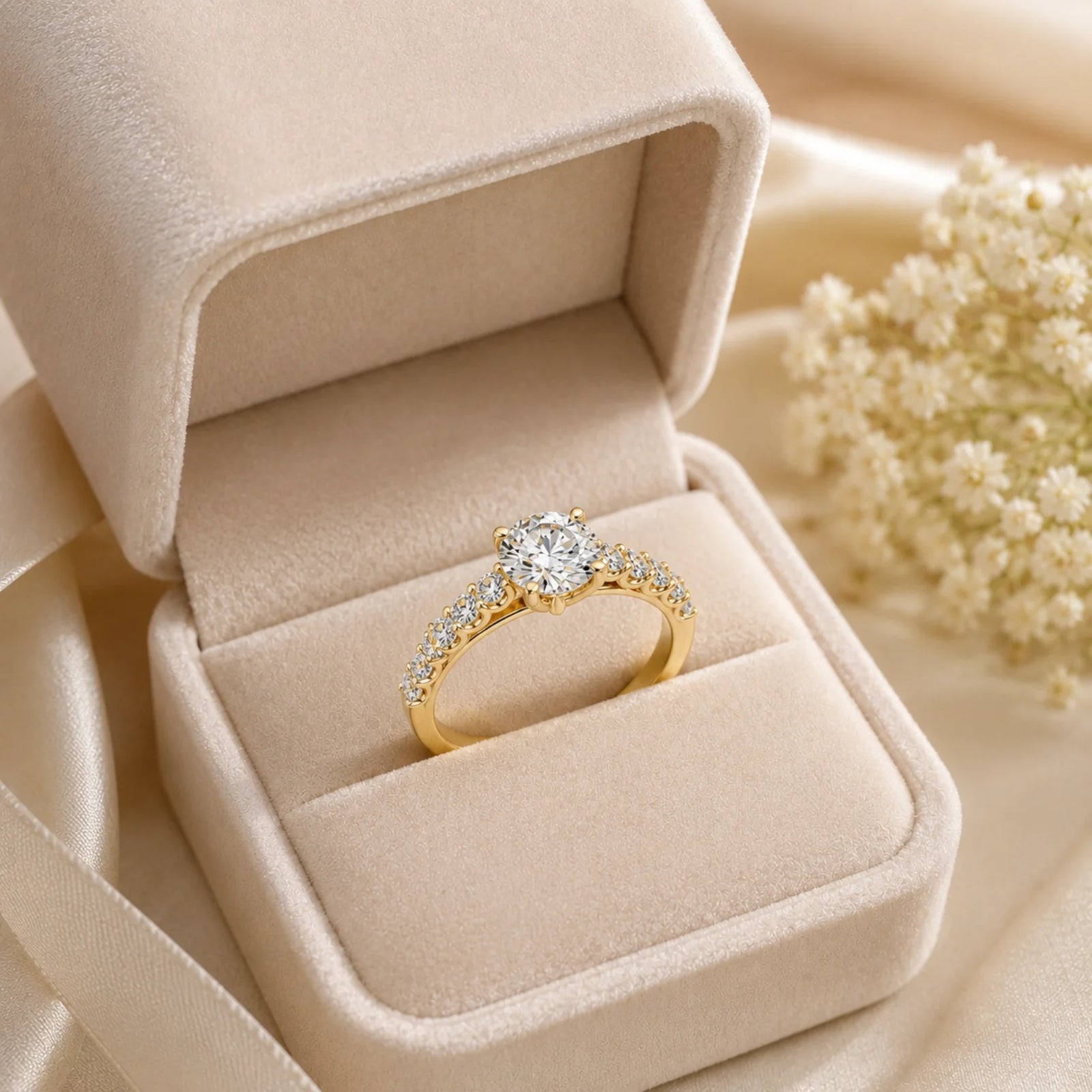 Round Lab-Grown Diamond Side-Stone Engagement Ring with Graduated Diamond Band - Yellow