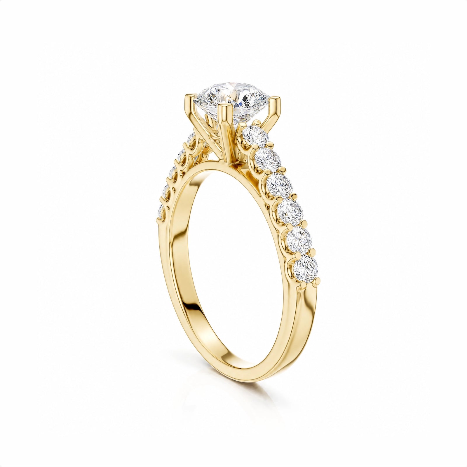 Round Lab-Grown Diamond Side-Stone Engagement Ring with Graduated Diamond Band - Yellow Gold