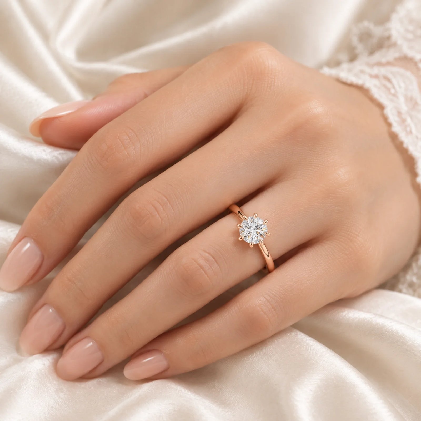 Round Lab-Grown Diamond Six-Prong Crown Solitaire Engagement Ring - Rose
