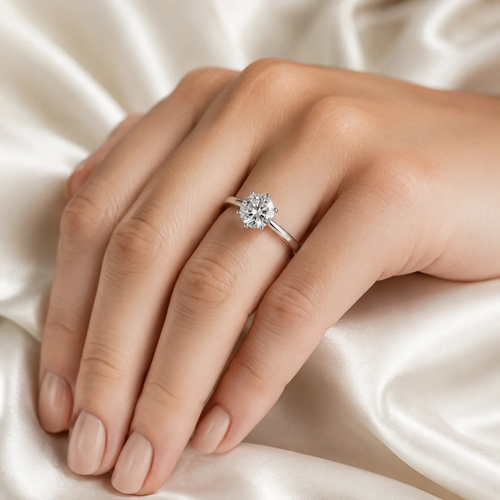 Round Lab-Grown Diamond Six-Prong Crown Solitaire Engagement Ring - White