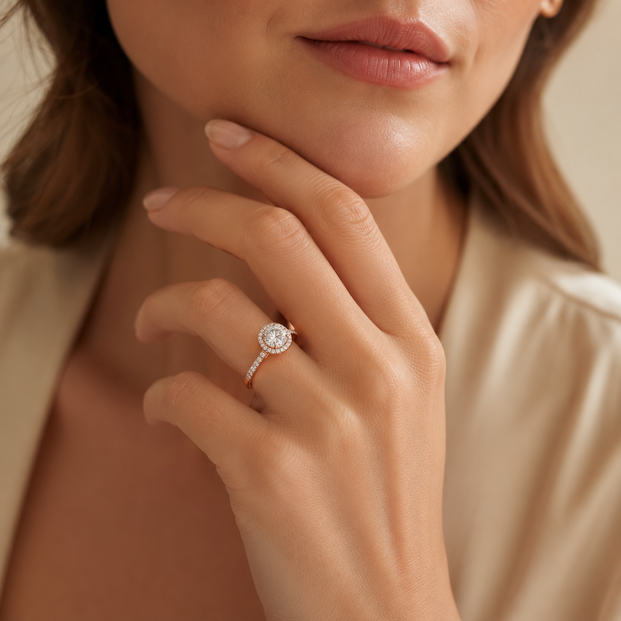 Round Lab-Grown Diamond Micropavé Halo Engagement Ring with Pavé Band - Rose Gold