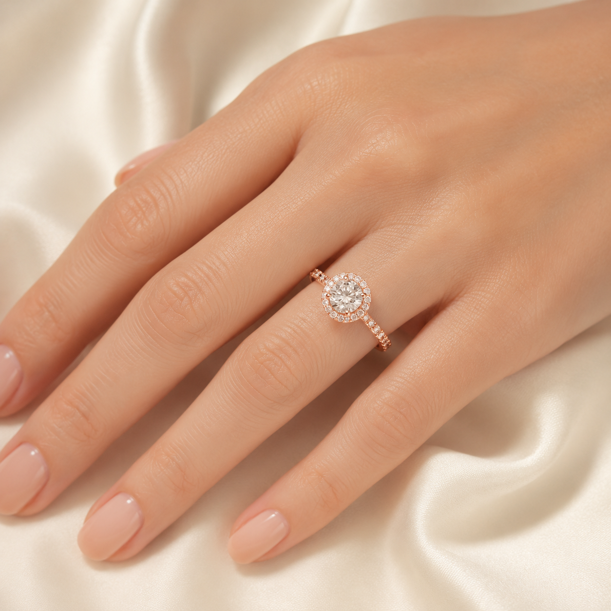 Round Lab-Grown Diamond Micropavé Halo Engagement Ring with Pavé Band - Rose Gold