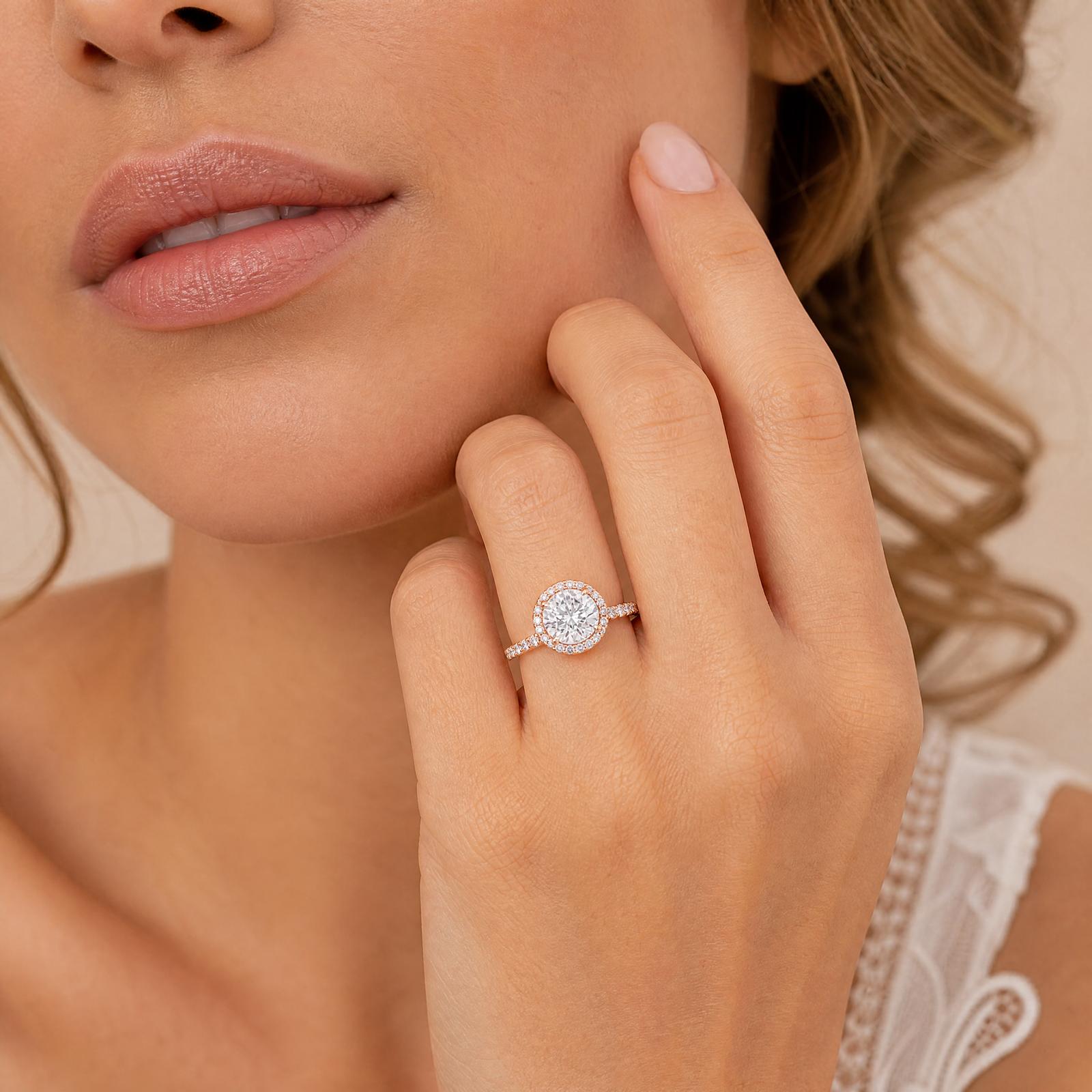 Round Lab-Grown Diamond Micropavé Halo Engagement Ring with Pavé Band - Rose Gold