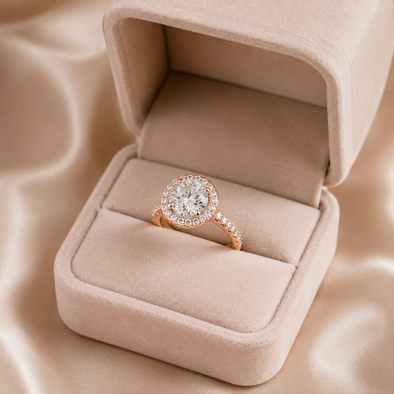 Round Lab-Grown Diamond Micropavé Halo Engagement Ring with Pavé Band - Rose Gold