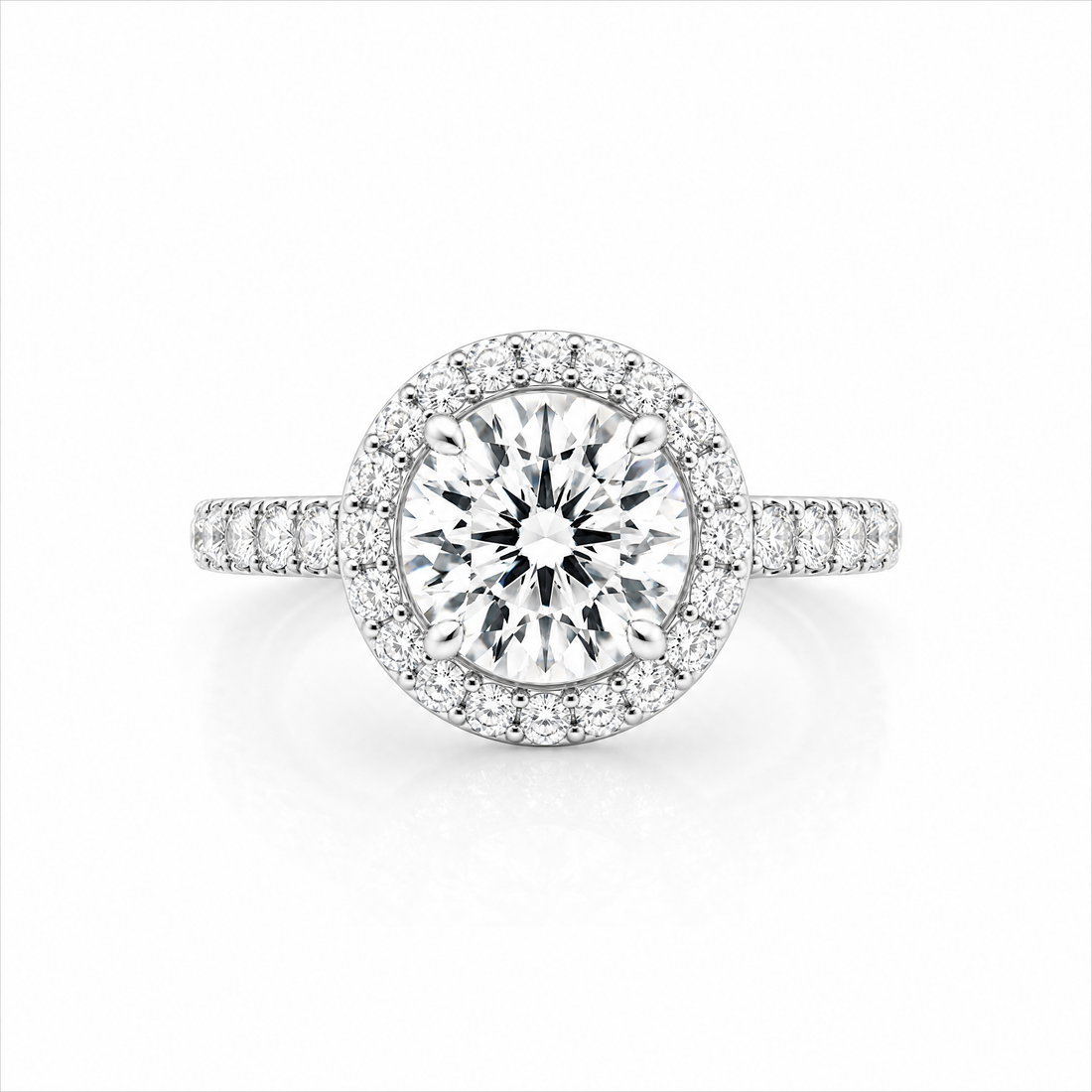 Round Lab-Grown Diamond Micropavé Halo Engagement Ring with Pavé Band - White Gold