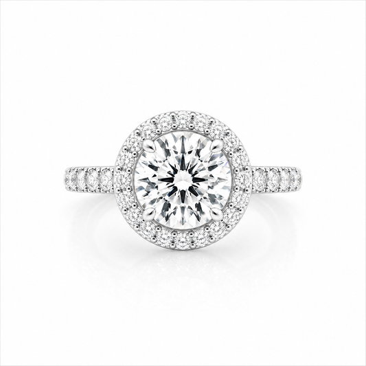 Round Lab-Grown Diamond Micropavé Halo Engagement Ring with Pavé Band - White Gold