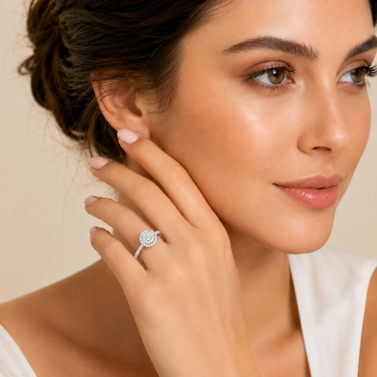 Round Lab-Grown Diamond Micropavé Halo Engagement Ring with Pavé Band - White Gold