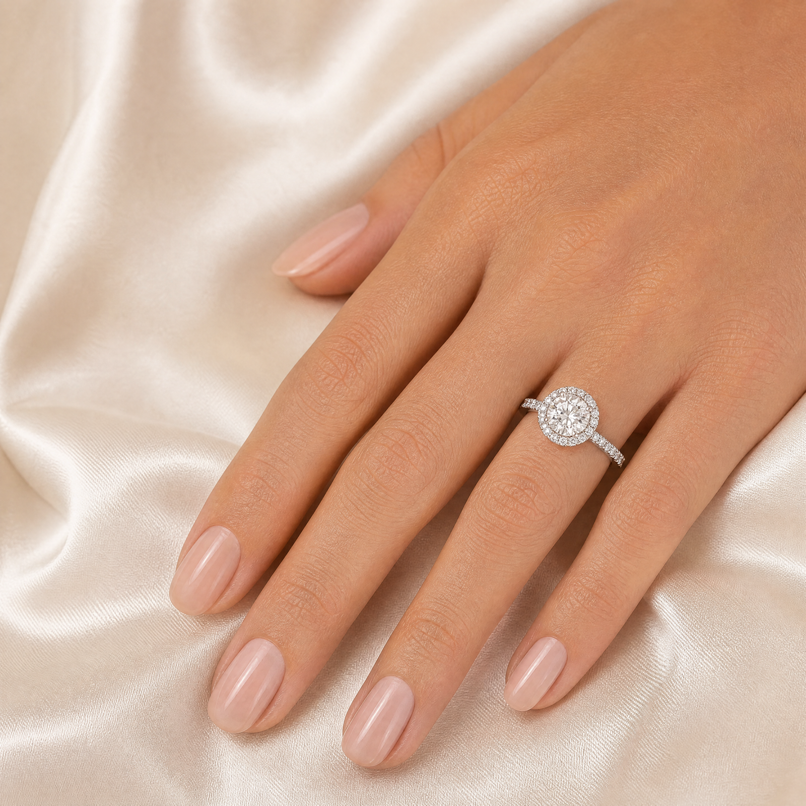 Round Lab-Grown Diamond Micropavé Halo Engagement Ring with Pavé Band - White Gold