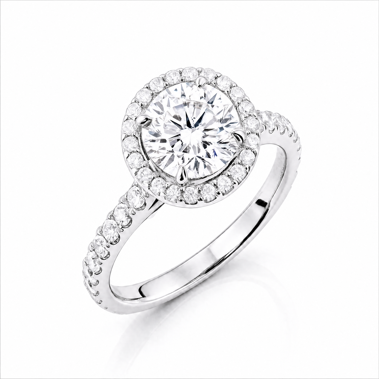 Round Lab-Grown Diamond Micropavé Halo Engagement Ring with Pavé Band - White Gold