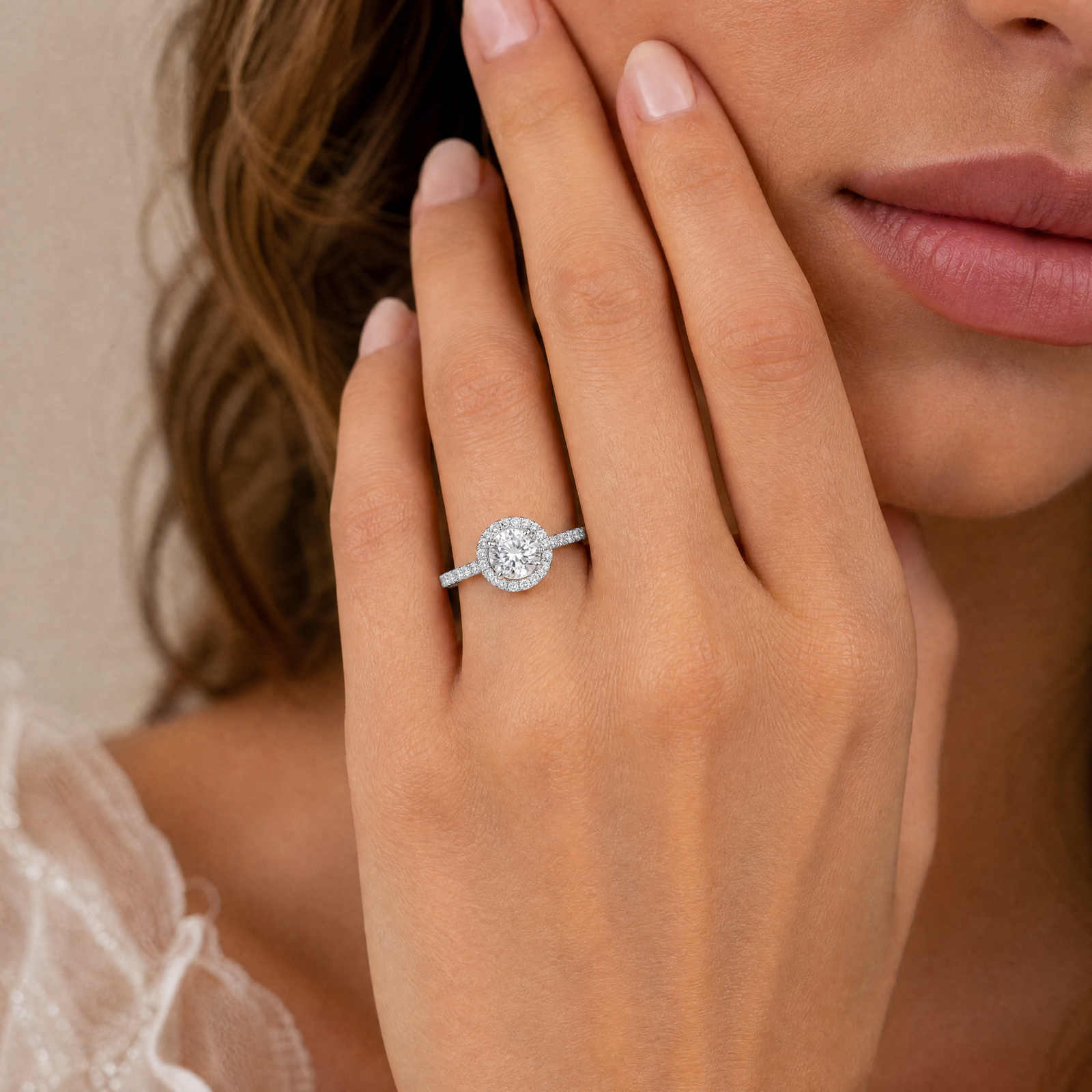 Round Lab-Grown Diamond Micropavé Halo Engagement Ring with Pavé Band - White Gold