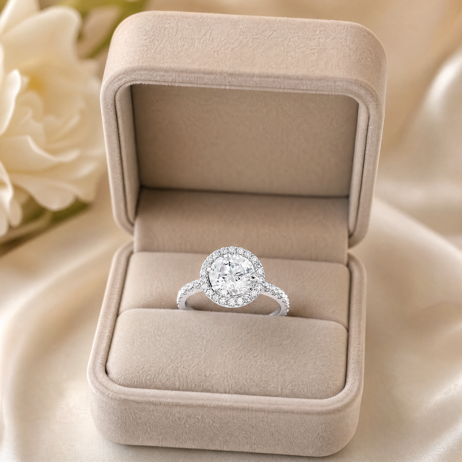 Round Lab-Grown Diamond Micropavé Halo Engagement Ring with Pavé Band - White Gold