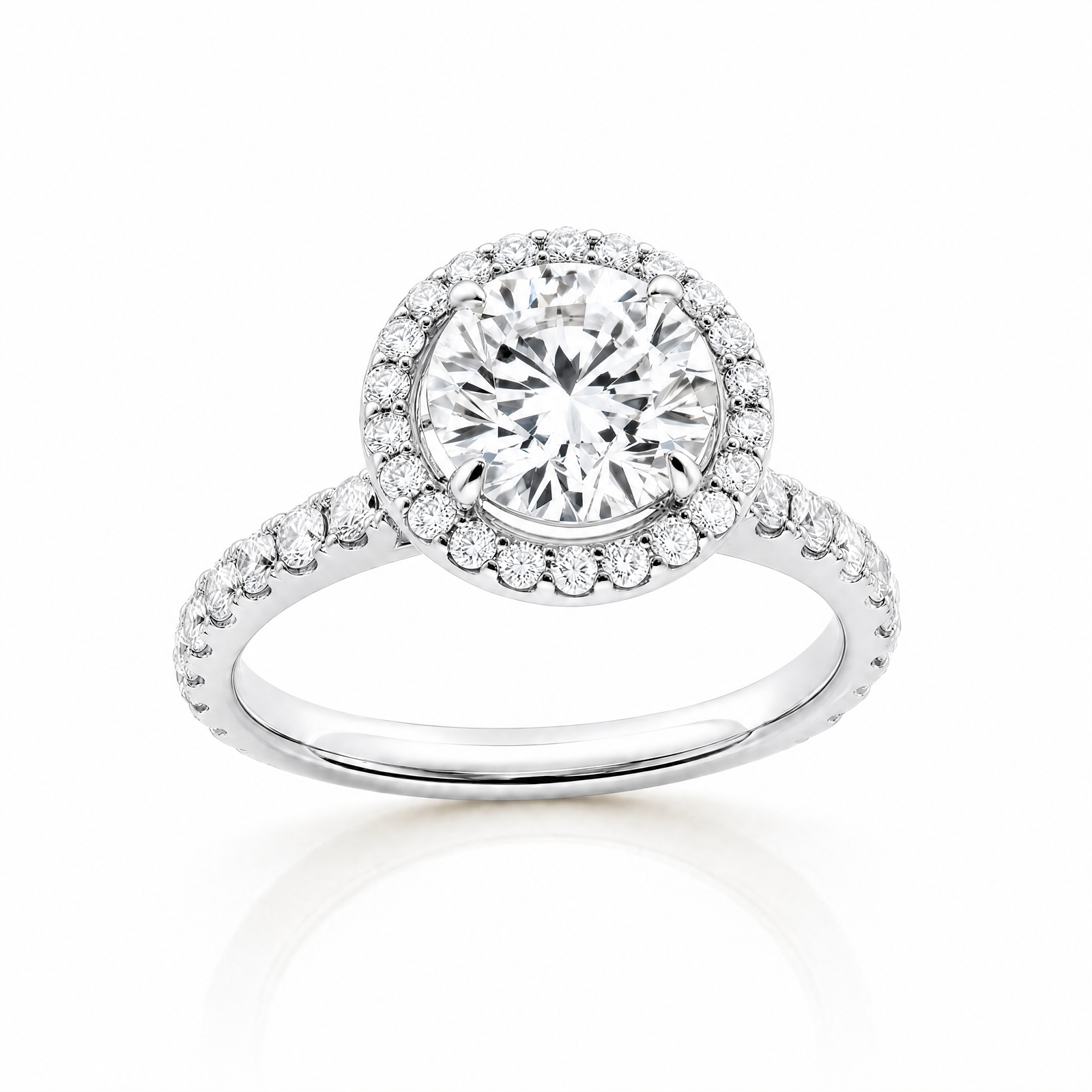 Round Lab-Grown Diamond Micropavé Halo Engagement Ring with Pavé Band - White Gold