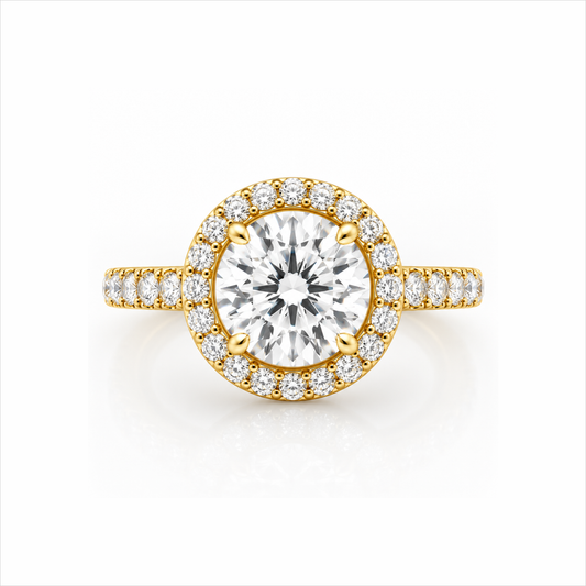 Round Lab-Grown Diamond Micropavé Halo Engagement Ring with Pavé Band - Yellow Gold